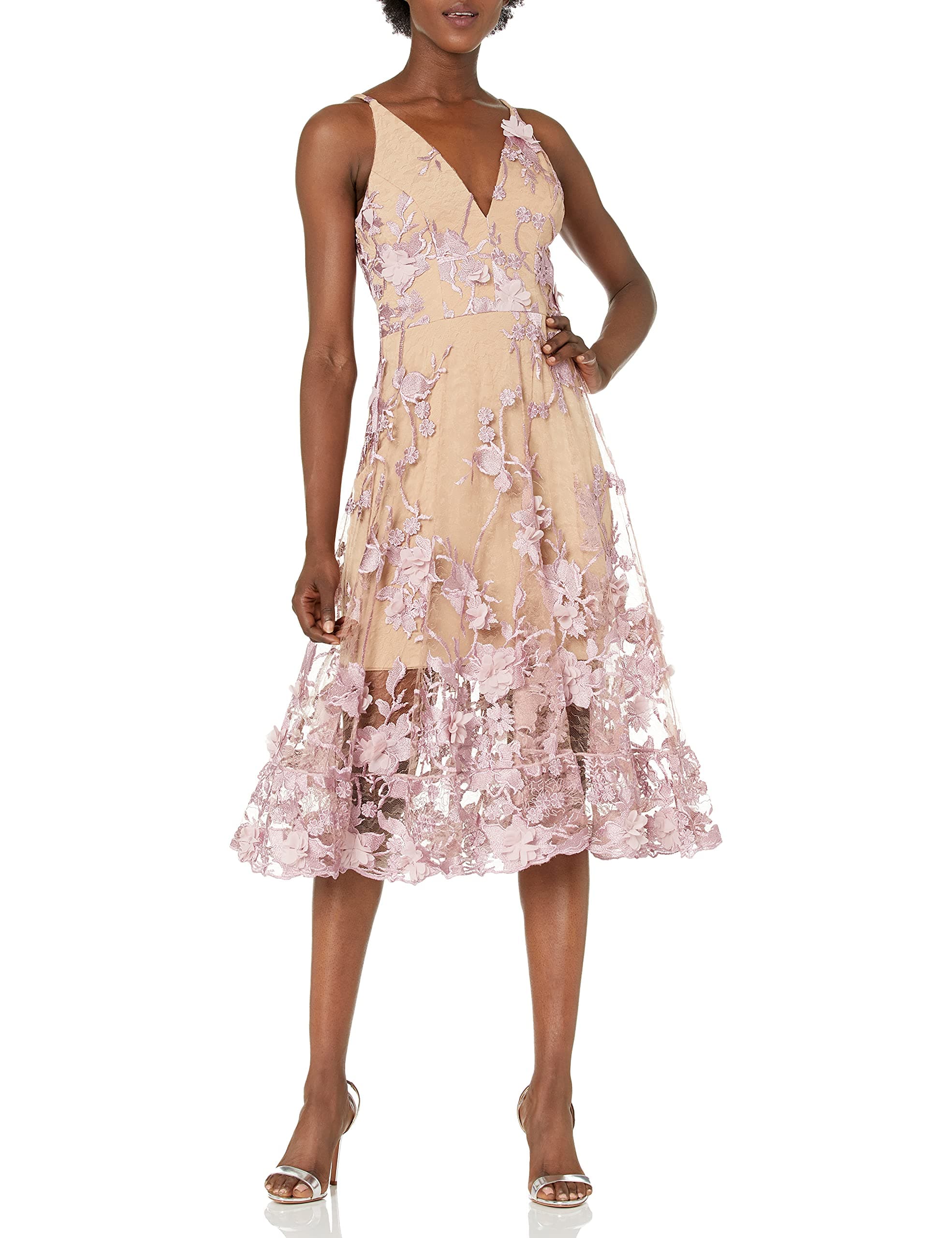 Womens Audrey Spaghetti Strap Midi A-line 3D Floral Dress