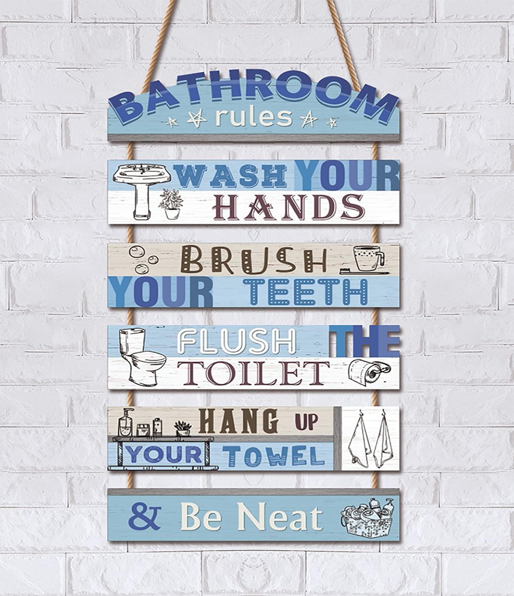 KAIRNE Bathroom Decorations,Blue Bathroom Rules Wooden Sign for Toilet,Wash Your Hands Brush Your Teeth Rustic Hanging Wood Plauqe