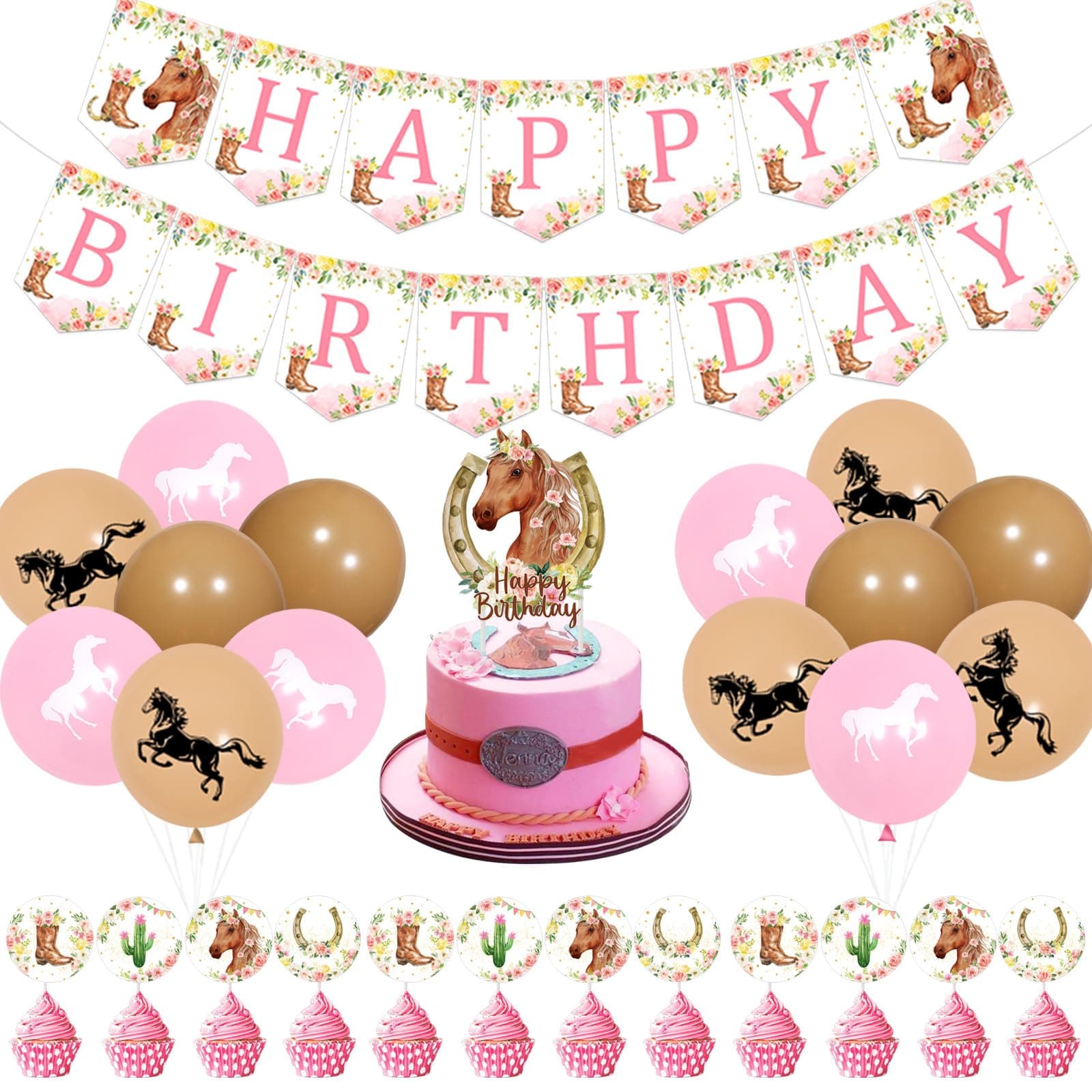 Horse Birthday Decorations for Girls - Pink Floral Horse Happy Birthday Banner & Cake Topper & Cupcake Toppers, Horse Balloons Set for Western Cowgirl Birthday Party Supplies