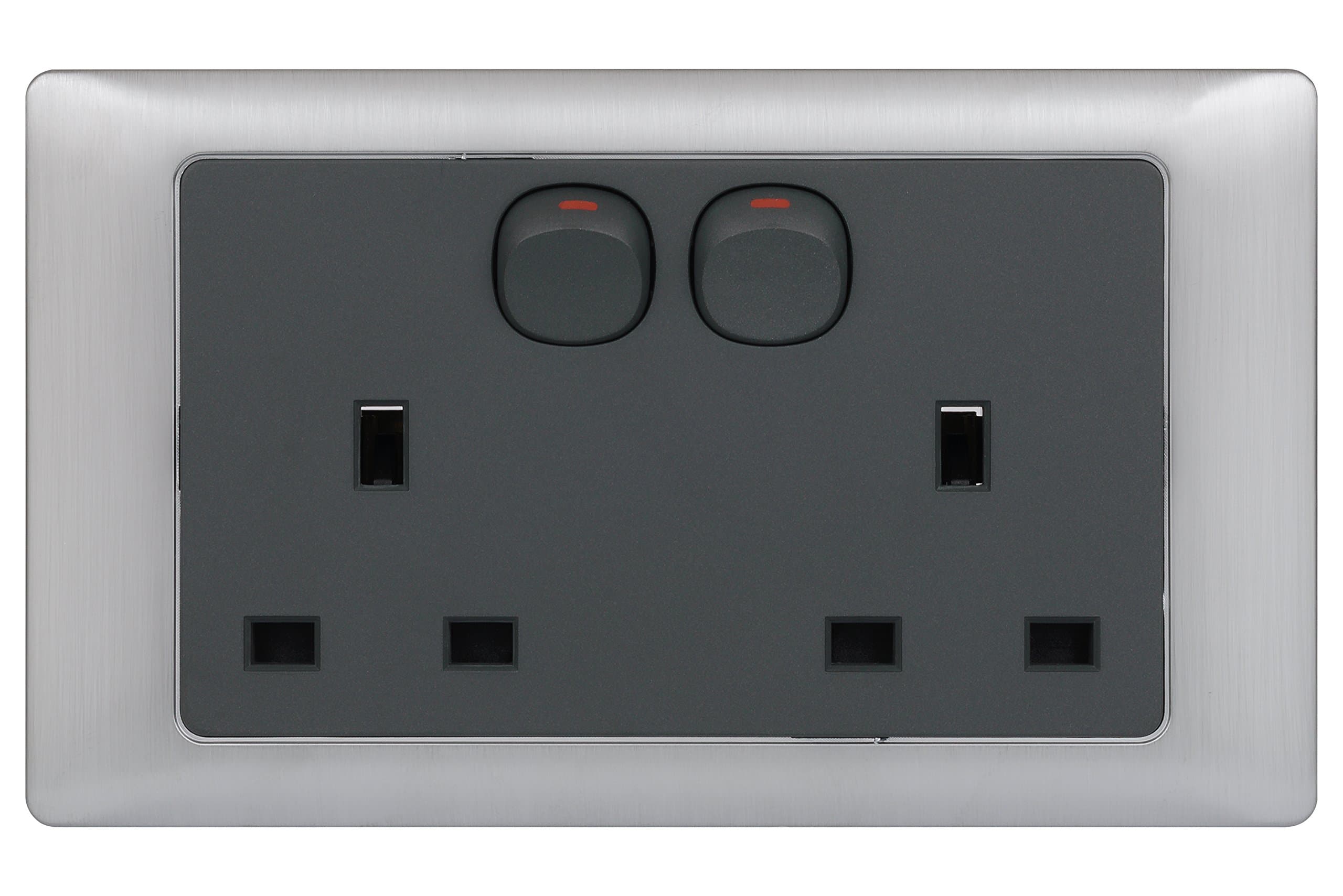 Schneider Electric Rocca - Screwless Switched Double Power Socket with Neon Indicator, Single Pole, GGBGRME3020R, Mercury Silver with Grey Interior