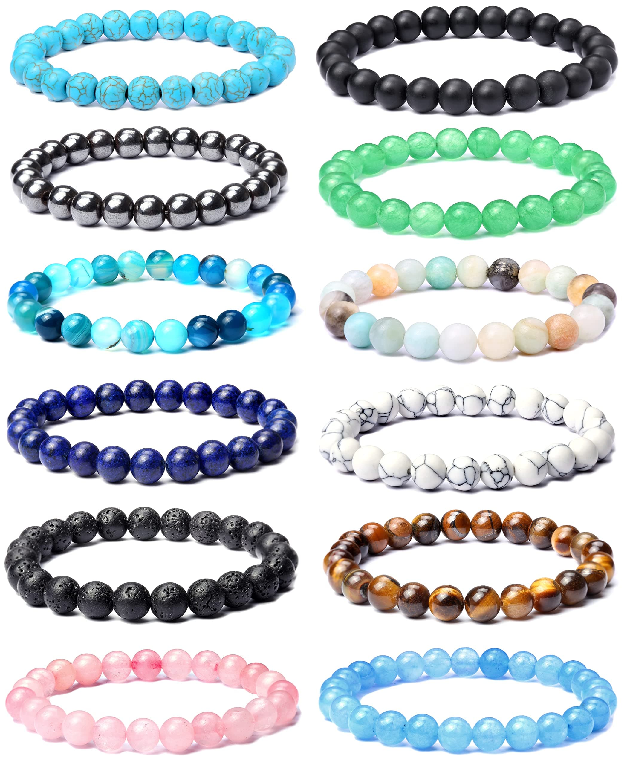 12PCS 8mm Semi-precious Beaded Bracelets for Men Women Healing Stretch Round Bead Crystal Gemstones Bracelets