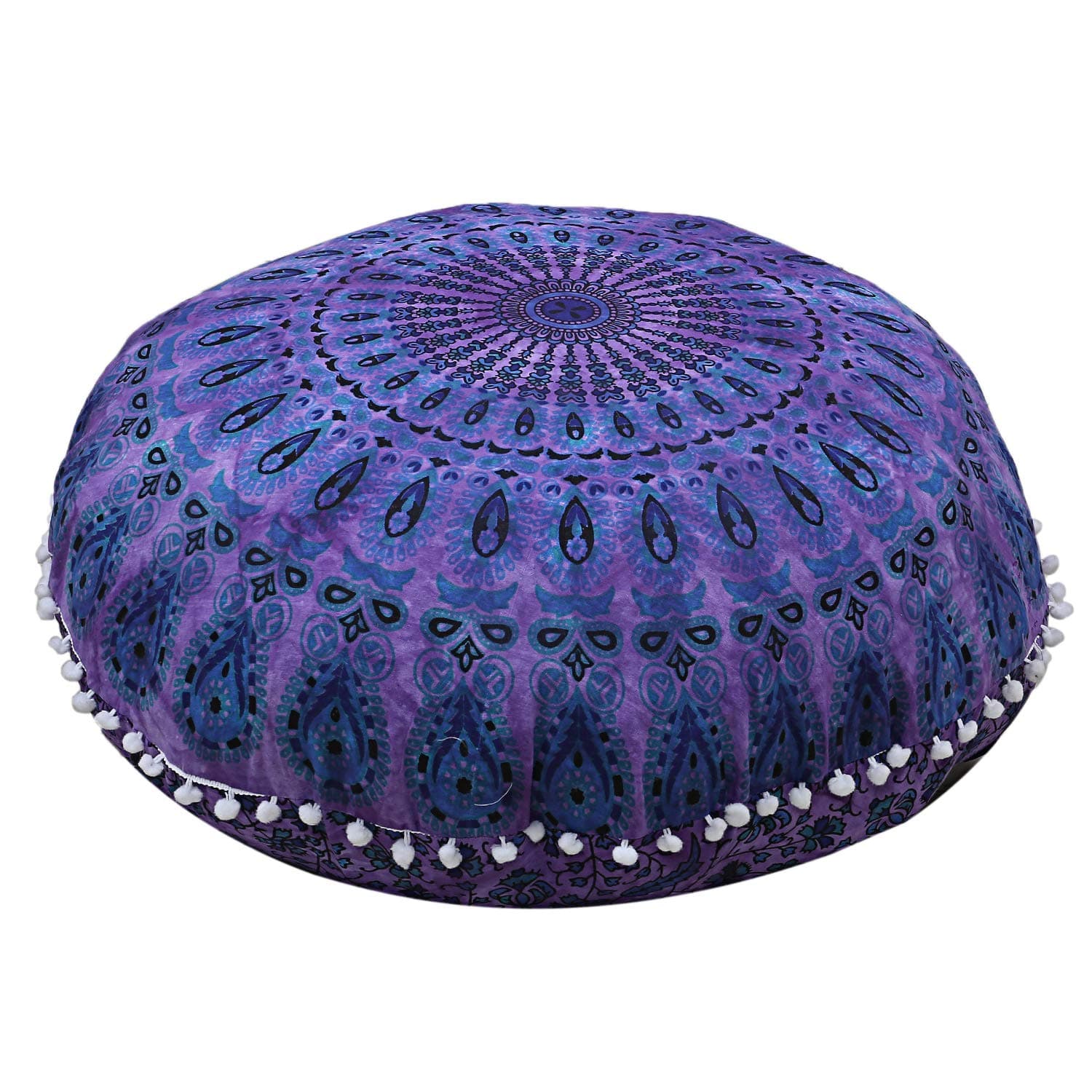 Mandala Floor Pillow Cushion Seating Throw Cover Hippie Decorative Bohemian Ottoman Poufs, Pom Pom Pillow Cases,Boho Indian (32 Inches, Purple Dye)