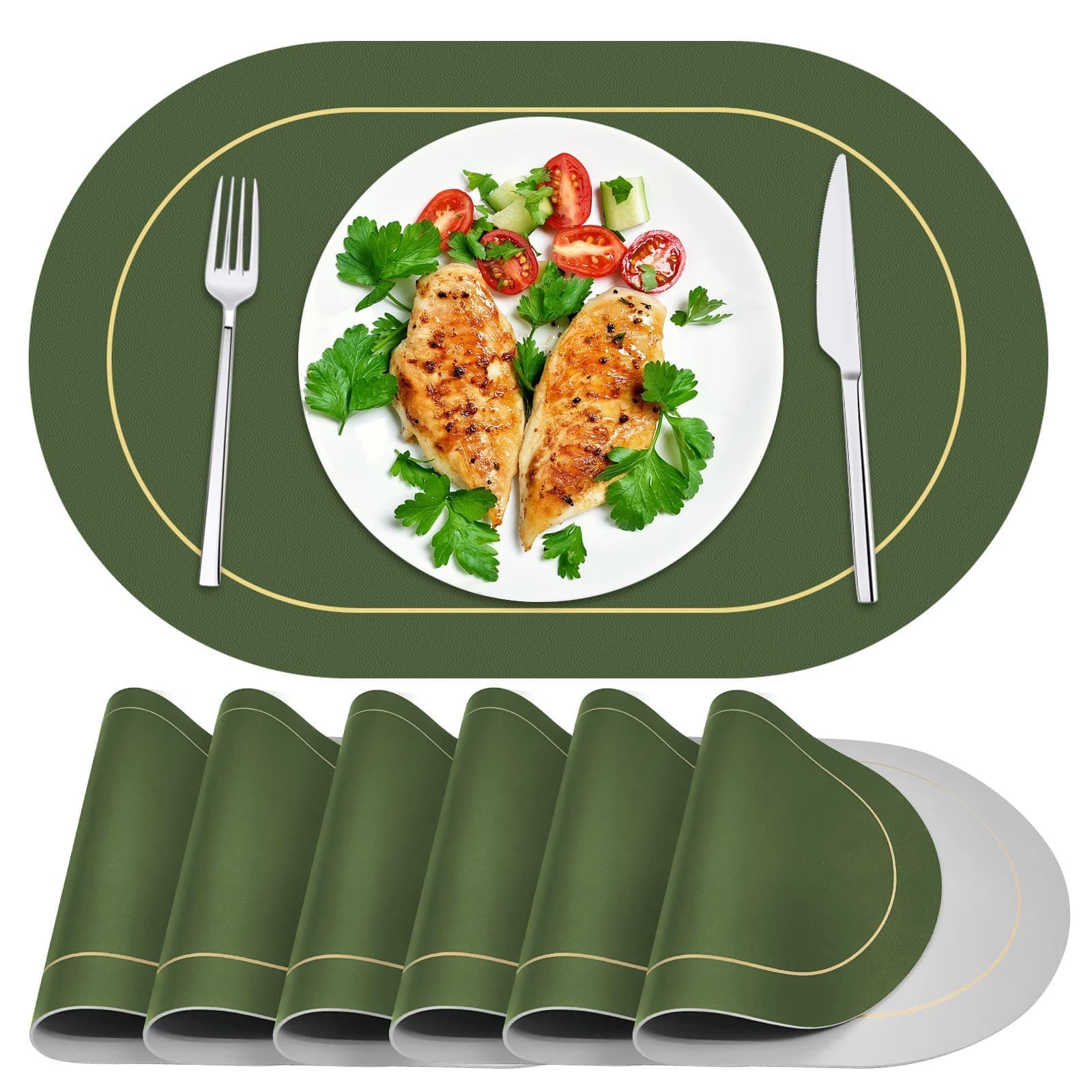 Reversible Placemats Set of 6, Faux Leather Heat Resistant Placemats Washable Table Mats Wipeable Place Mats for Dining Table Wedding Coffee Shop Decorations (Green)