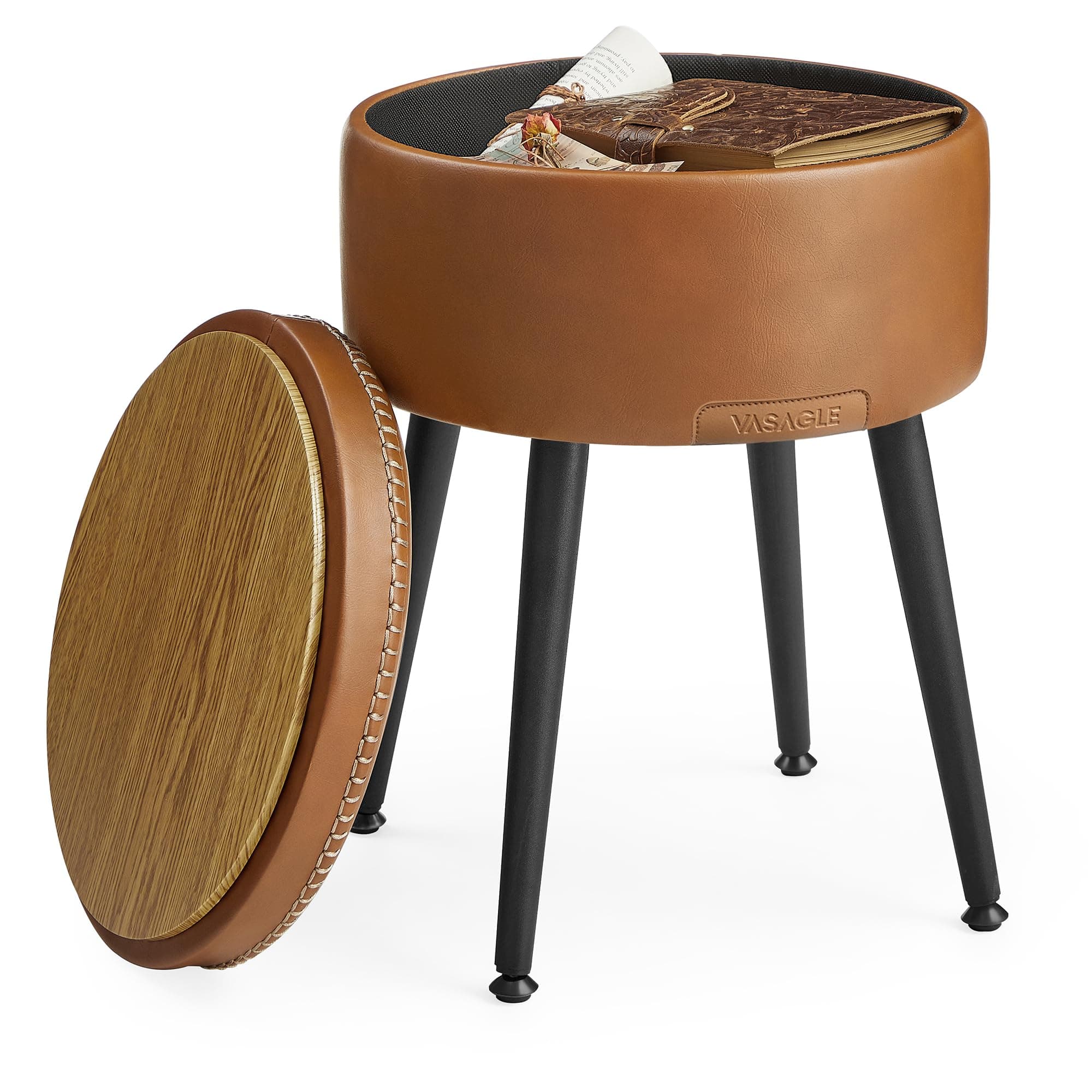 VASAGLE EKHO Collection - Storage Ottoman, Vanity Chair Stool, Synthetic Leather with Stitching, Mid-Century Modern, Round Storage Seat with Steel Legs, Loads 330 lb, Caramel Brown ULOM005K01