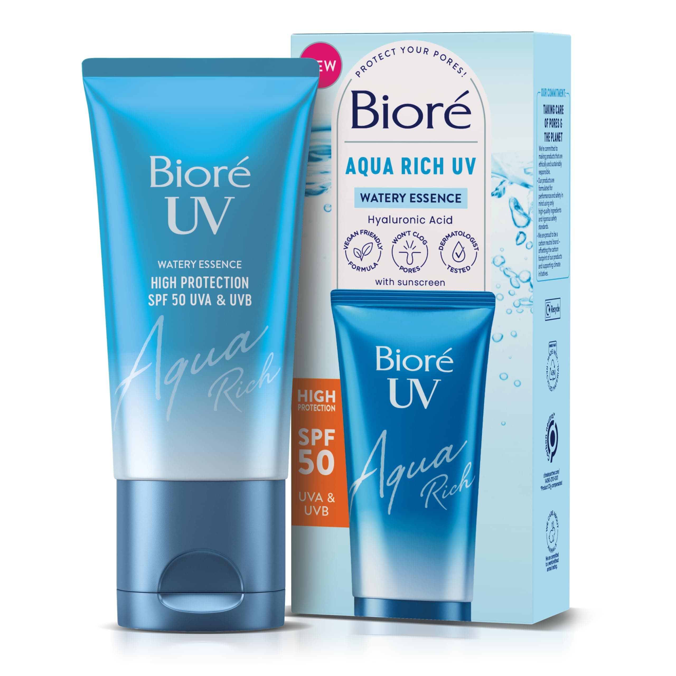 Biore SPF 50, Aqua Rich UV Watery Essence, Invisible High Protection, Hydrates With Hyaluronic Acid, No White Cast, Non Oily Sun Cream, Japanese Sunscreen, 50ml