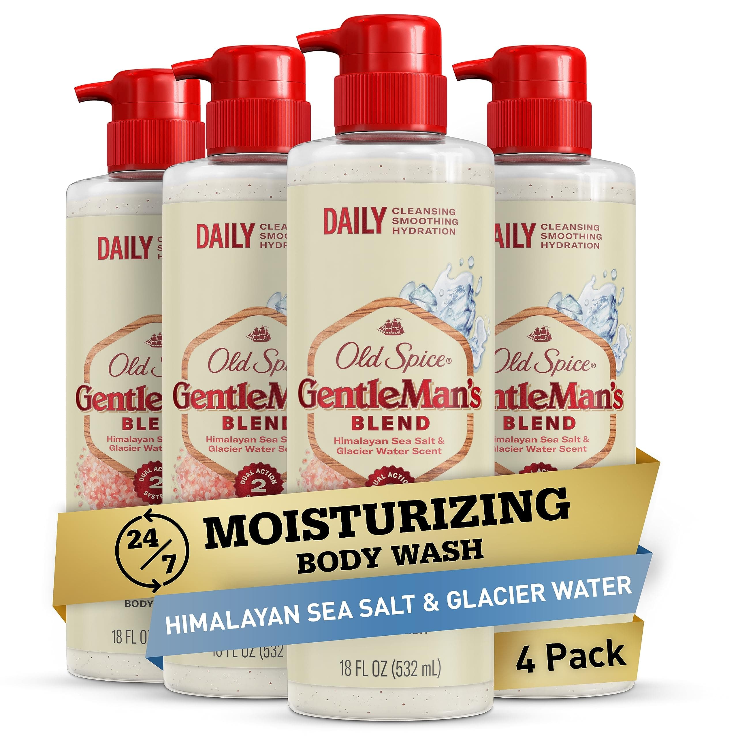 GentleMan's Exfoliating & Moisturizing Body Wash for Men, 24/7 Shower Fresh with Long Lasting Scent, Renewing Vitamin B3 Blend, Himalayan Sea Salt + Glacier Water Scent, 18 oz (Pack of 4)