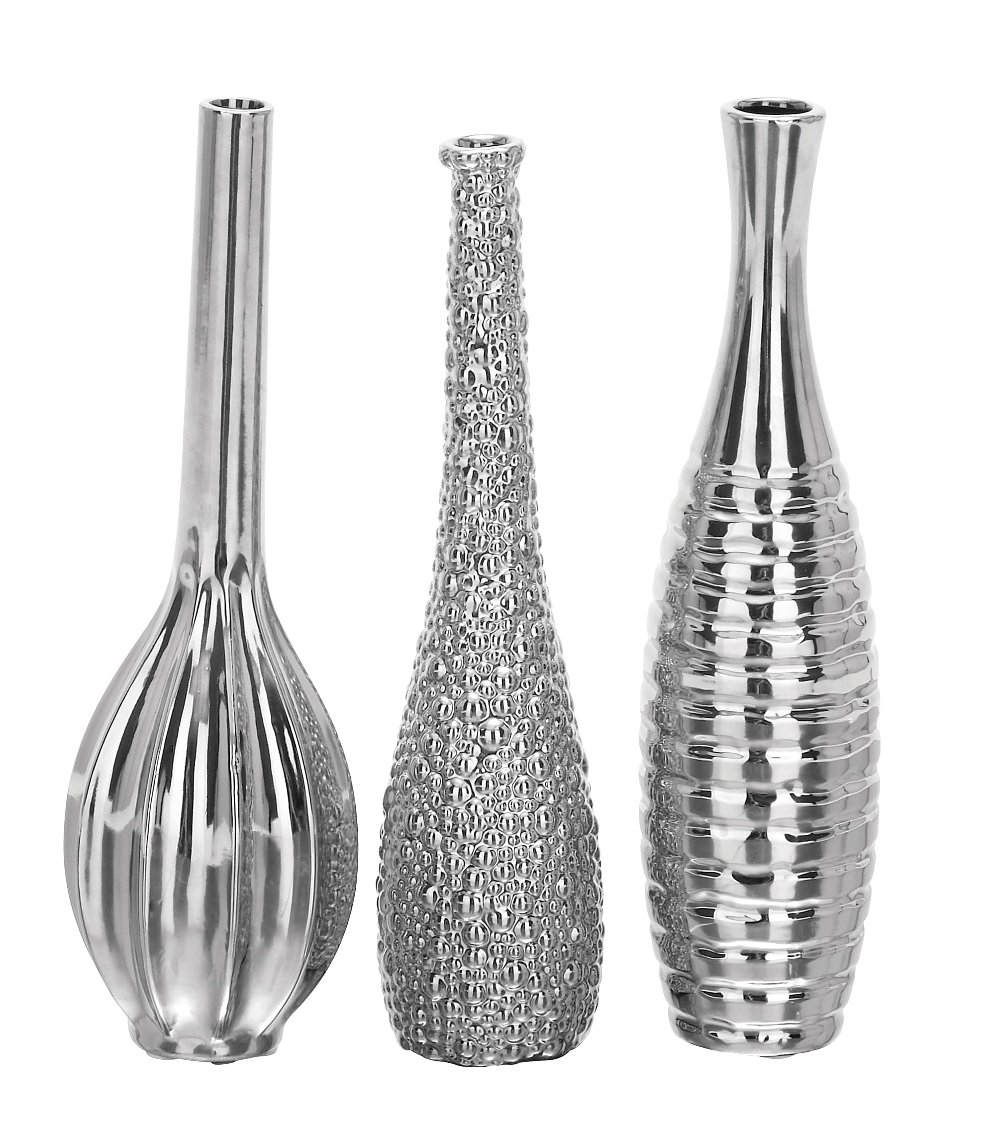 Ceramic Bud Vase with Varying Patterns, Set of 3 3"W, 12"H, Silver