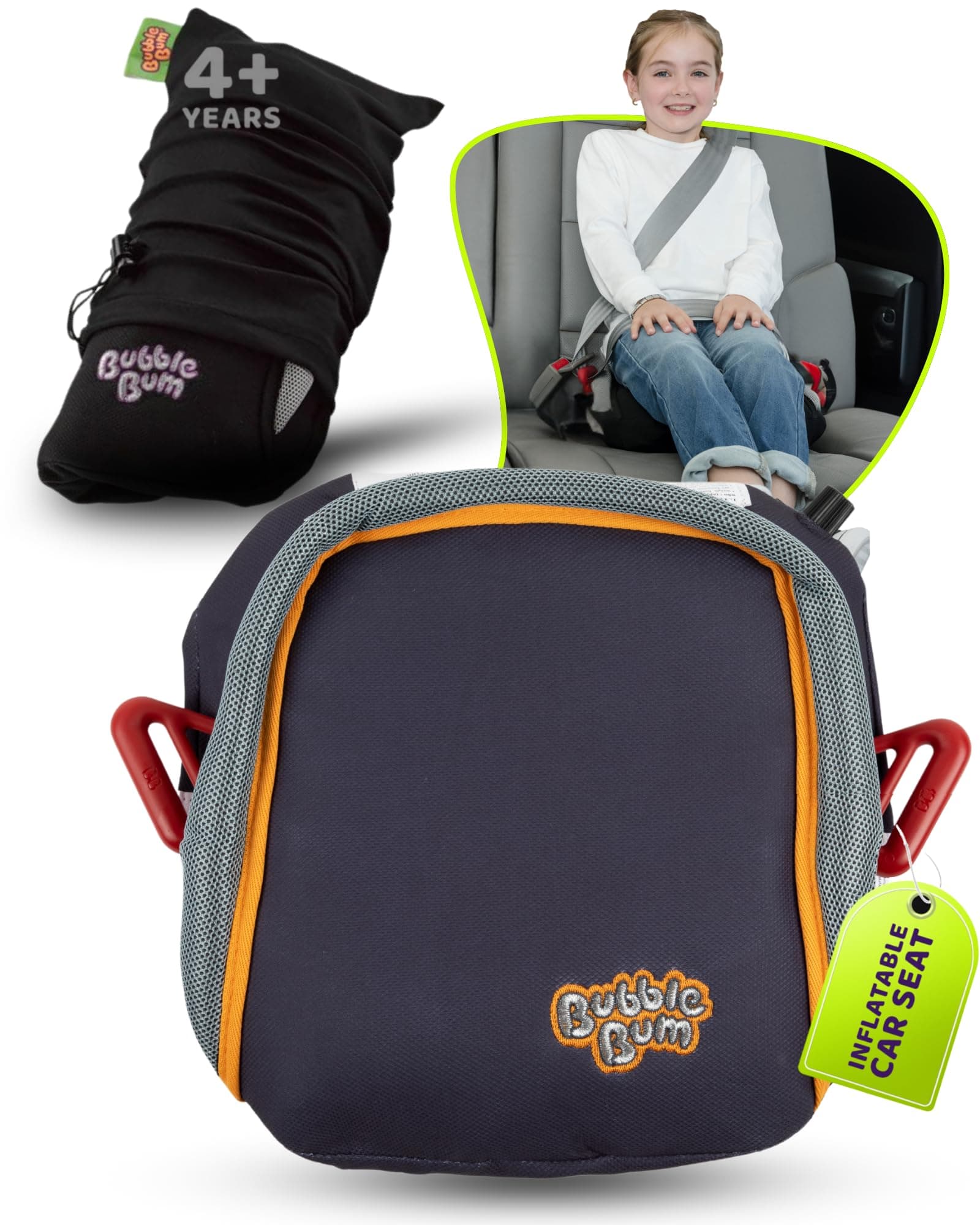 bubblebum Inflatable Travel Booster, Backless Car Seat for Kids Ages 4+, Portable Child Safety Seat for Cars, Lightweight Carseat for 40–100 lbs – Gray