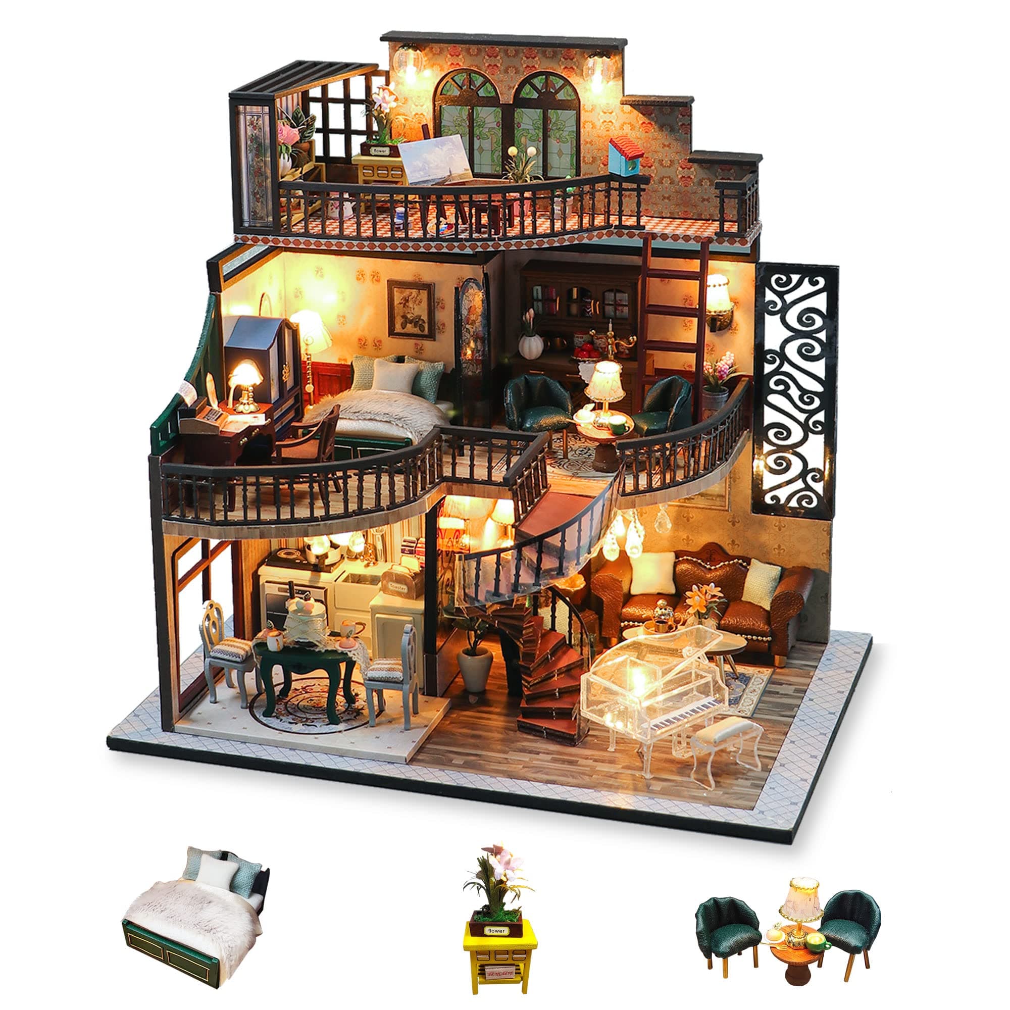 DIY Miniature Dolls House Kit for Adults to Build DIY Mini House Kit with Furniture DIY Miniature House Kit with Tools Make Your Own Craft House Model (Vintage Loft)