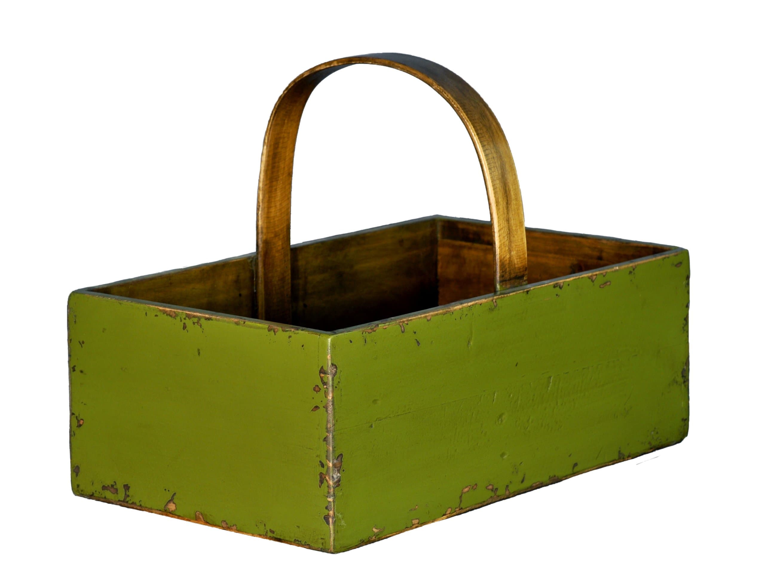 Antique Revival Square Wooden Fruit Bucket, Green Finish