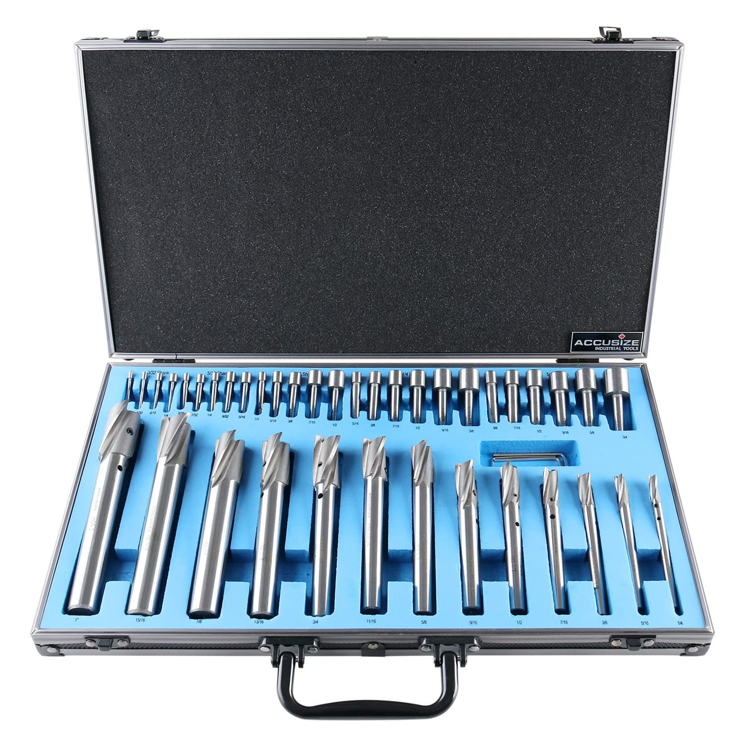 Accusize Industrial Tools 39 Pc Hss Interchangeable Pilot Counterbore Set, Counterbores from 1/4'' up to 1'' by 16ths, 500S-A000