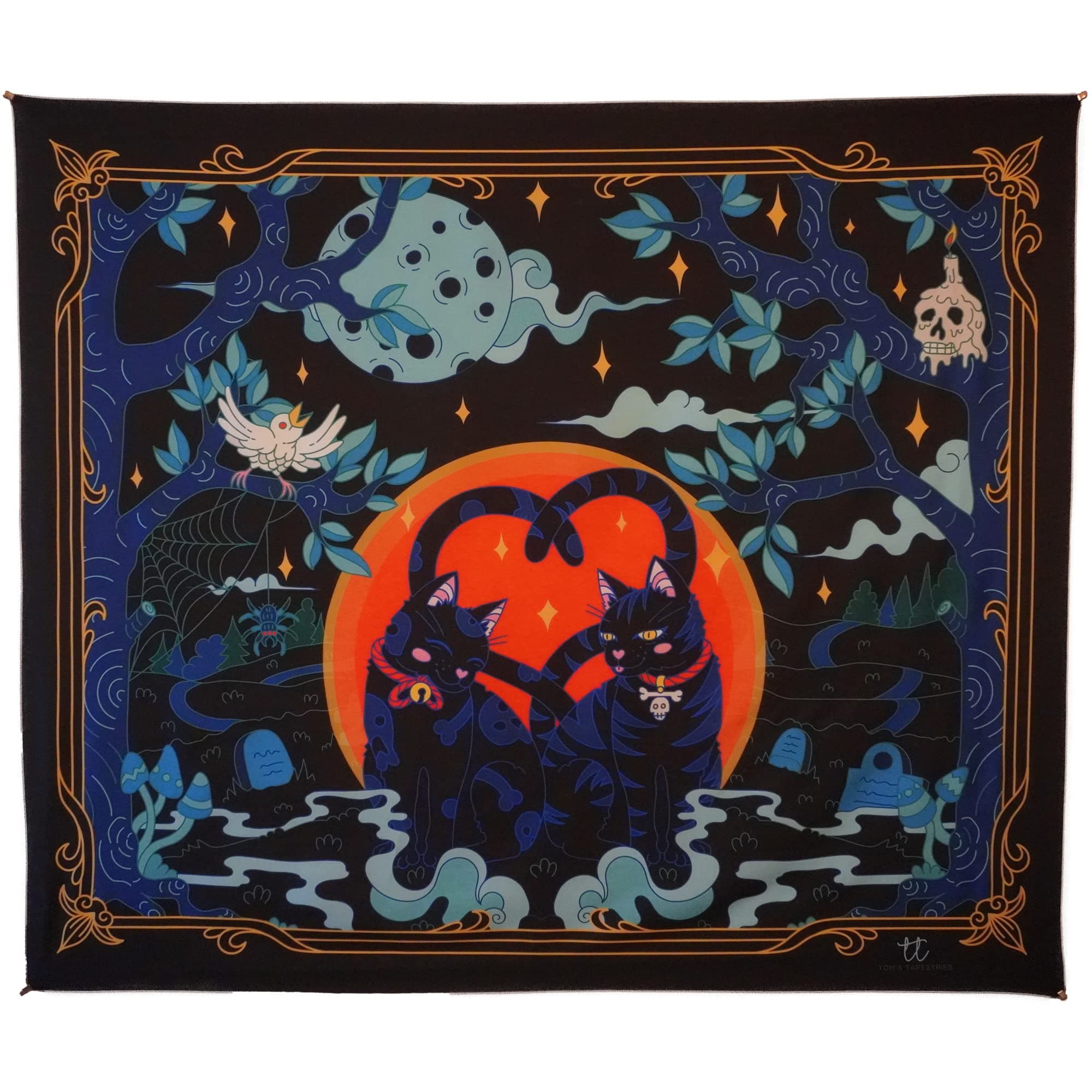 Tom's Tapestries Cat Tapestry Wall Hanging Mandala Decor Skull Skeleton Psychedelic Trippy Art Hippie or Goth Room Home or Dorm Aesthetic Witchy Moon Cool Colorful Animal (150cm x 130cm), Black Gold