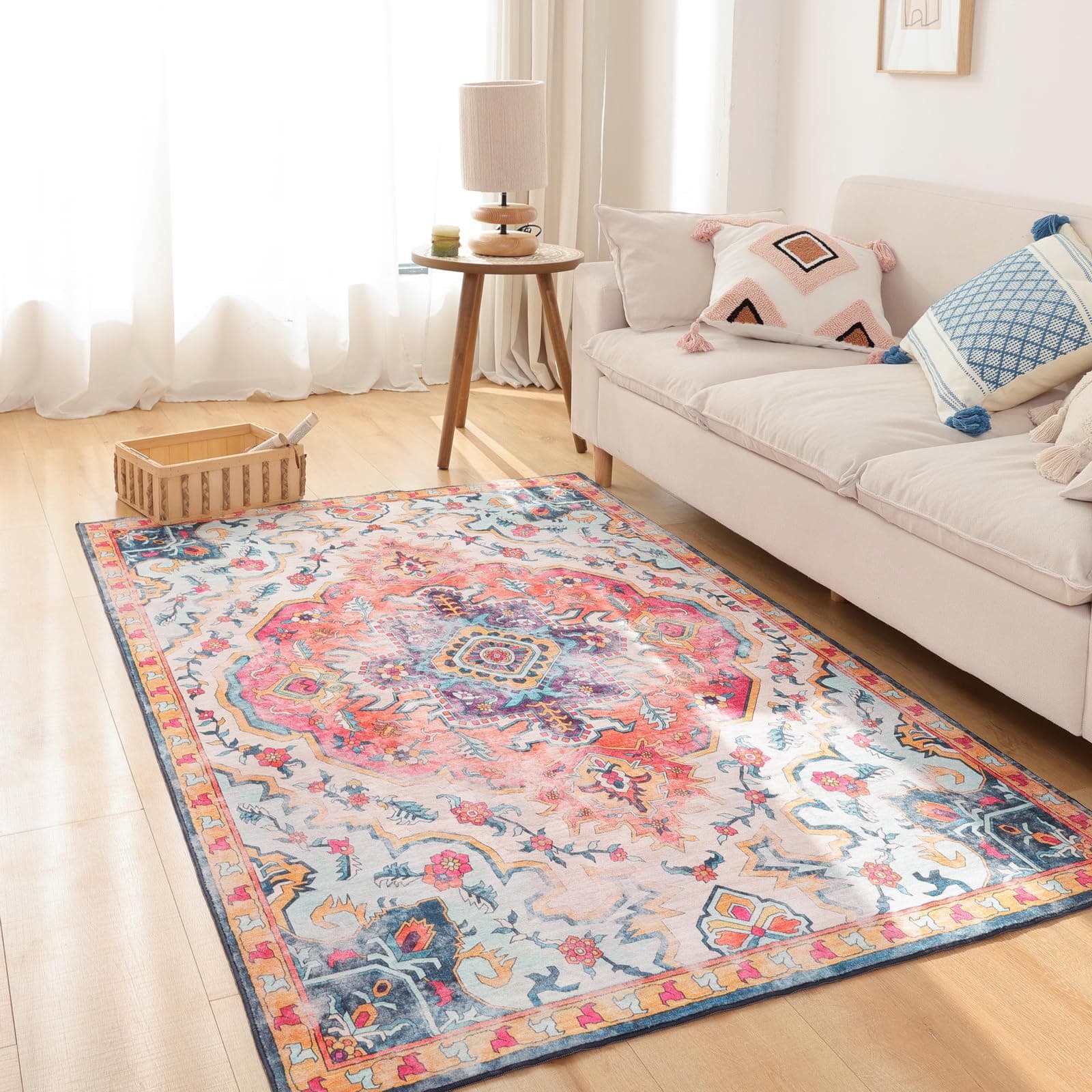YIKUSH3x5 Boho Area Rug, Large Bedroom Living Room Rug Non Slip Machine Washable Low Pile Rugs Soft Bohemian Floral Area Rug for Living Room Bedroom Dinning Room Kitchen Indoor