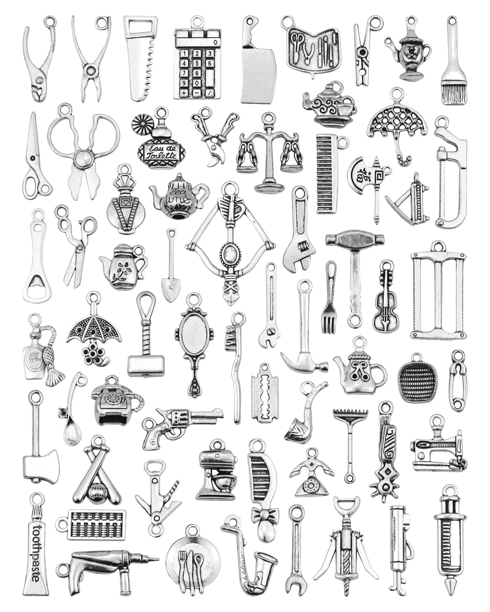 65PCS Home Tool Charms Collection, Wholesale Bulk Lots Antique Silver Tibetan Alloy Worker 3D Tools Charms Pendants DIY for Jewelry Making and Crafting