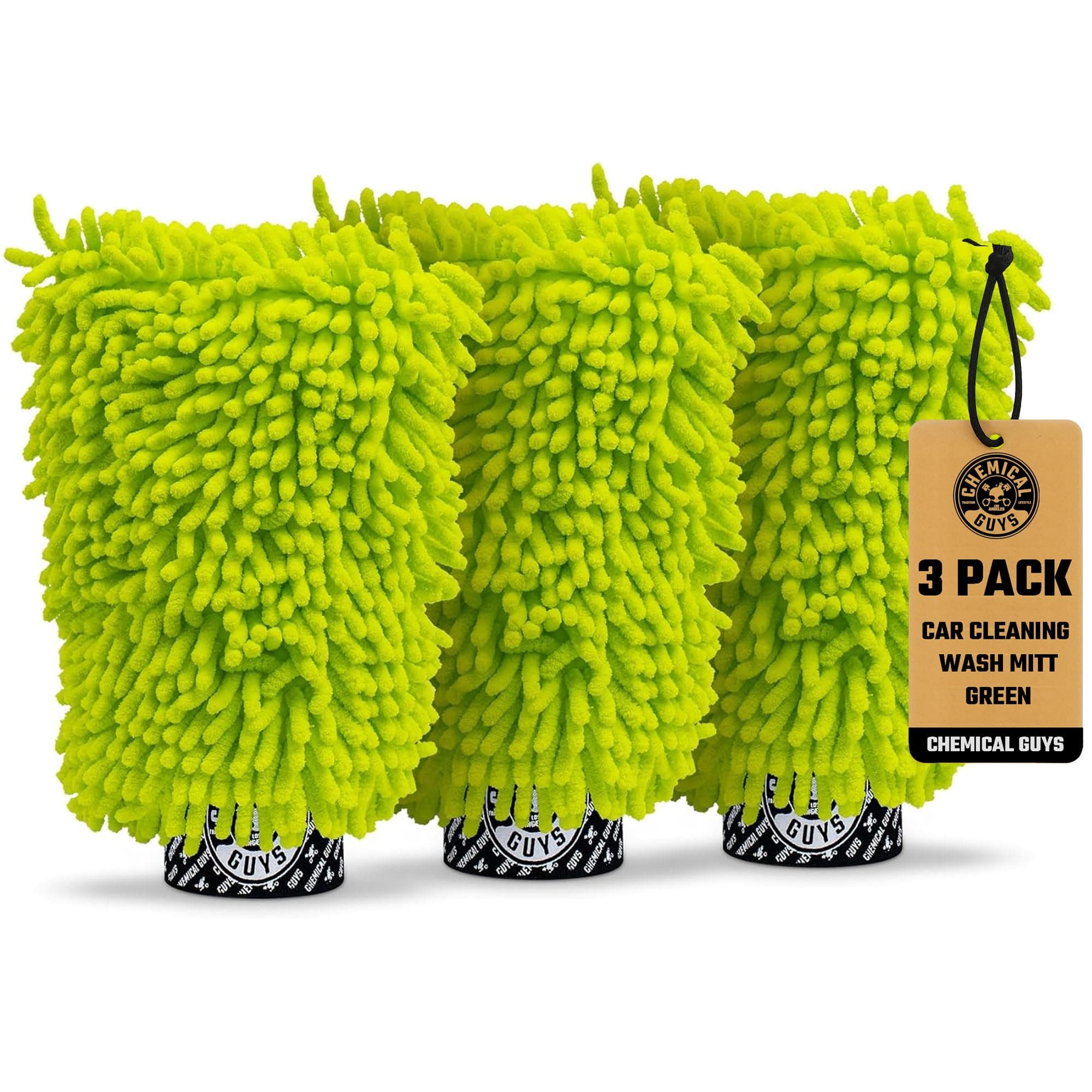 Chemical Guys, Chenille Premium Scratch-Free Microfiber Wash Mitt, Lime Green, 9.6" x 2.3" x 7" (3 Pack) - MIC49303