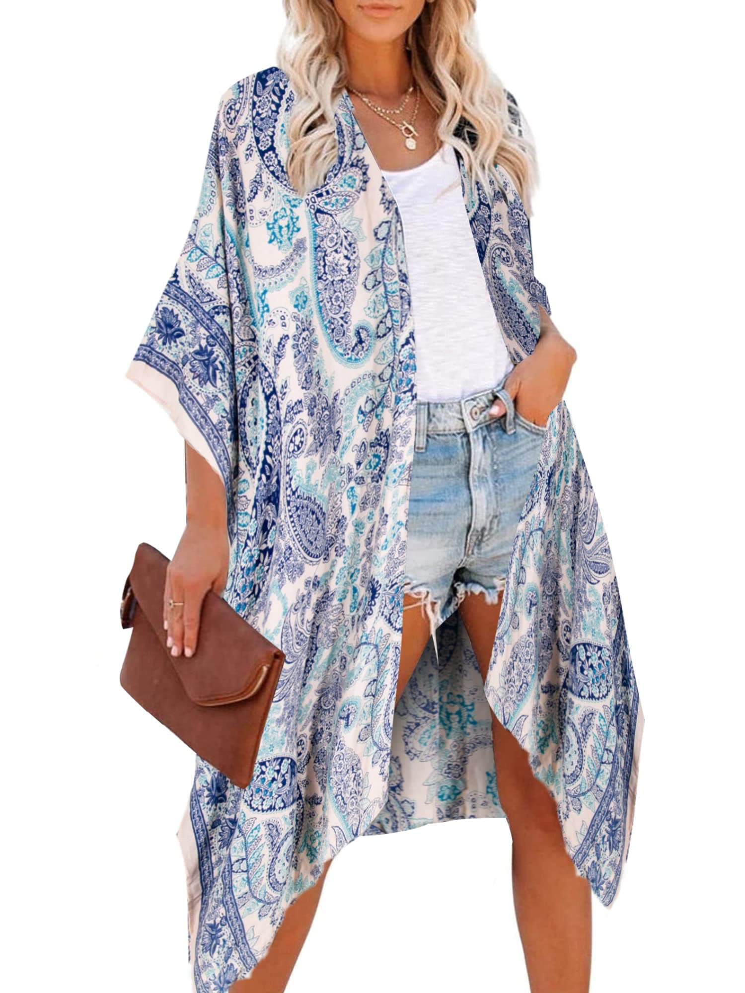 Moss Rose Women's Beach Cover up Swimsuit Kimono Cardigan with Bohemian Floral Print