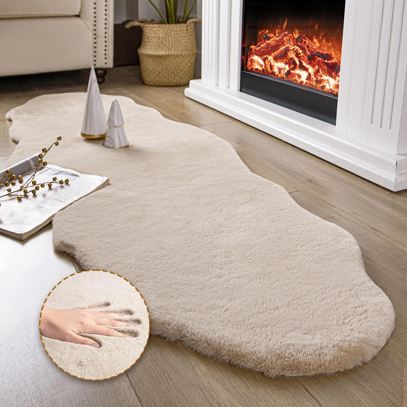 Ashler Faux Fur Rug, Upgraded Soft Faux Rabbit Fur, Beige Area Rugs, 2 x 6 Feet, Machine Washable Nursery Decor Throw Rugs for Bedroom, Kids Room, Living Room