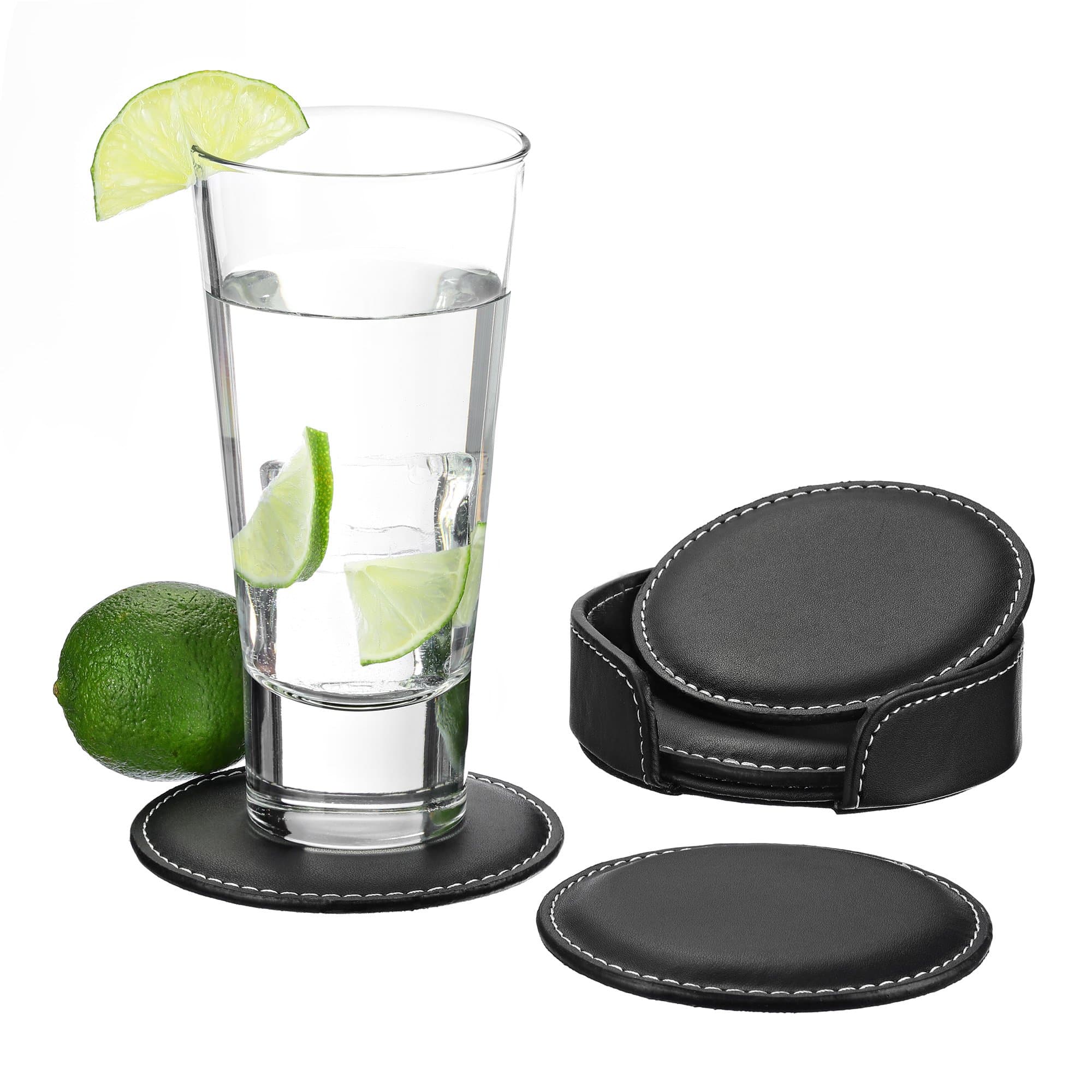 Premium leather coaster - fine leather coasters for glasses - the best coasters for sensitive surfaces (black) black