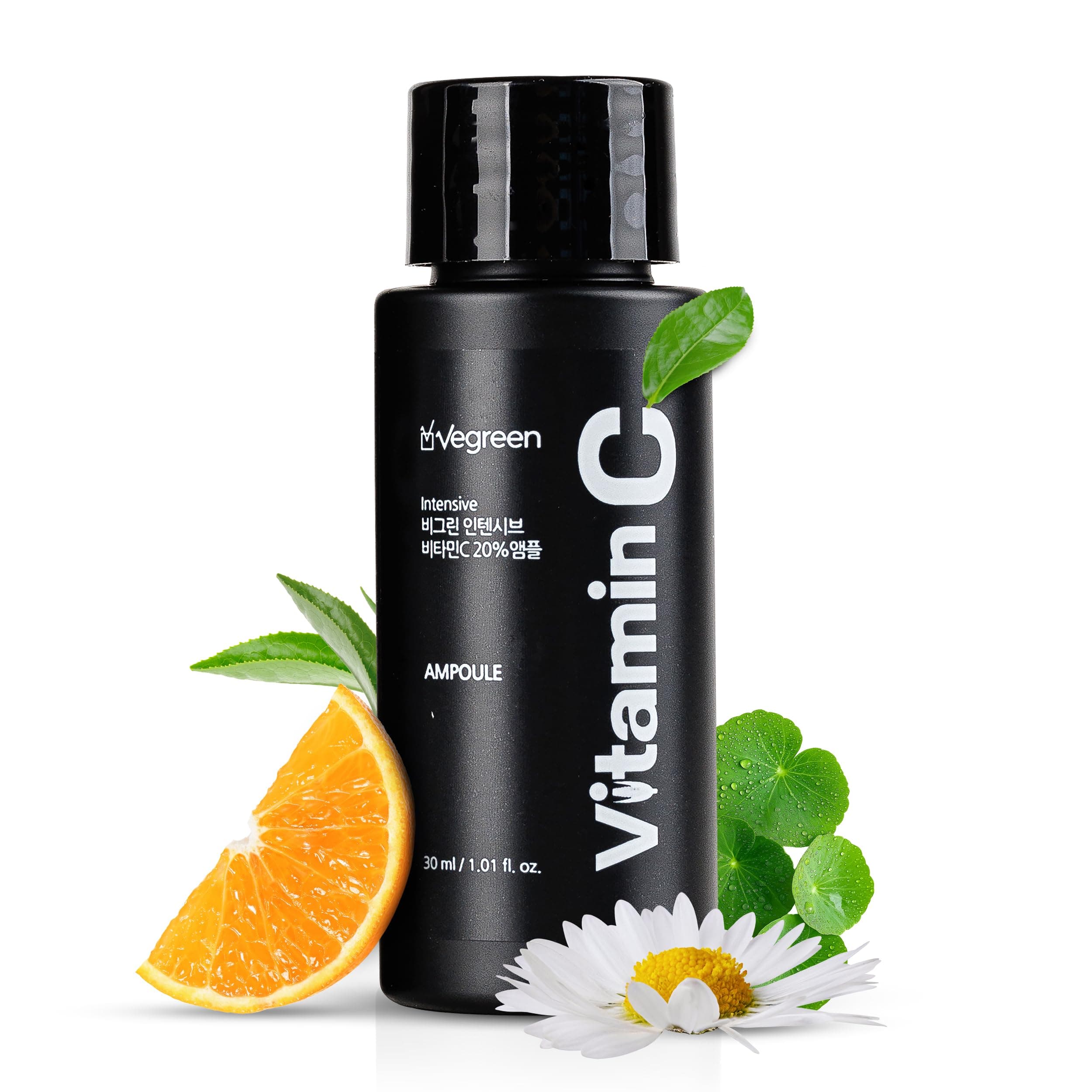 VEGREEN 20% Pure Vitamin C Ampoule for Face - Waterless Pure L-Ascorbic Acid & Chamomile for Sensitive Skin, Dark Spot Corrector, Brightening & Anti-Aging Korean Glass Skin Essence, 1.01 fl oz