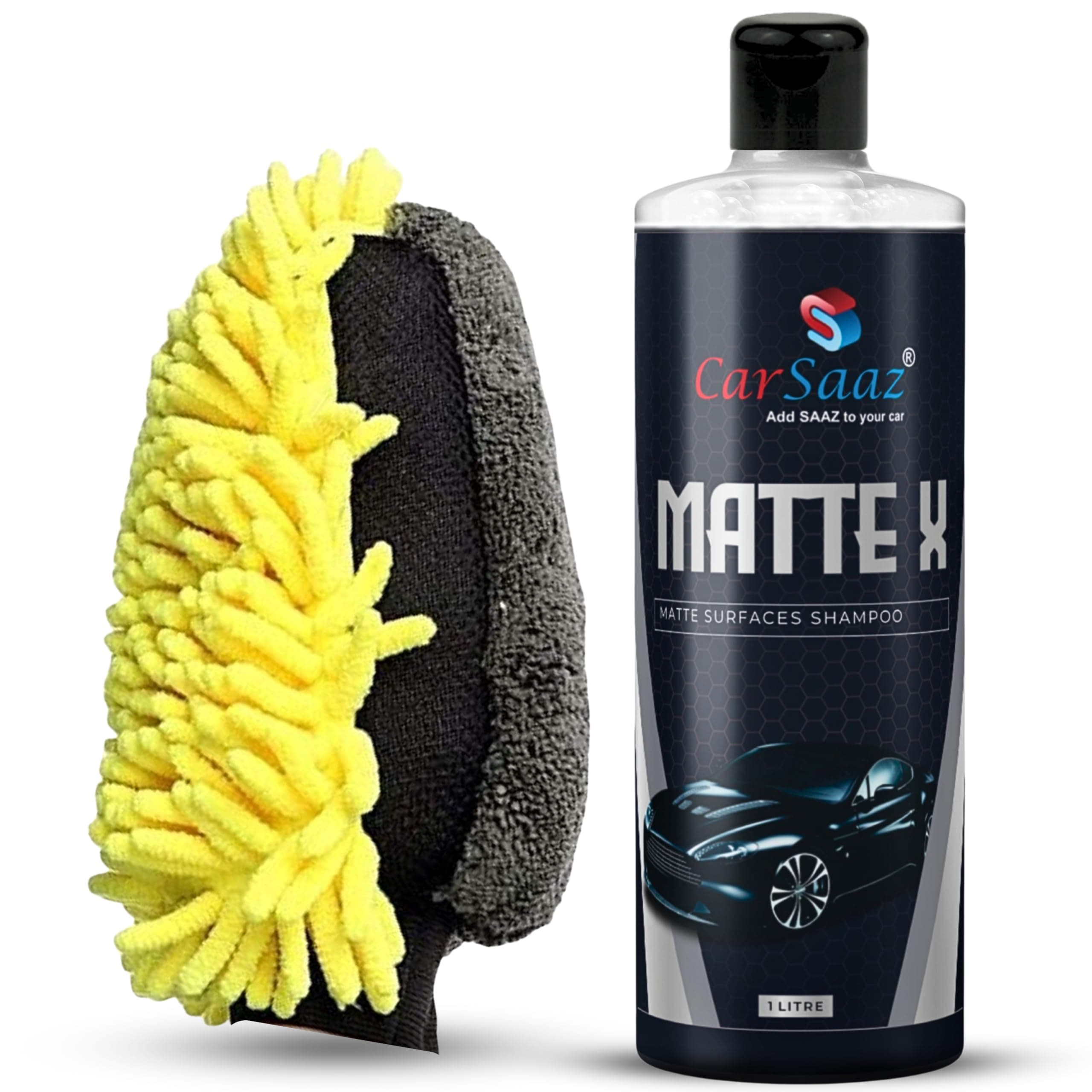 CAR SAAZ Matte X Car & Bike Wash Shampoo (1 Ltr) with Waterproof Microfiber Mitt Glove | Matte Painted Cars, Bikes Shampoo | Wash, Shine & Protect | pH Neutral, Highly Effective (1000 ml)