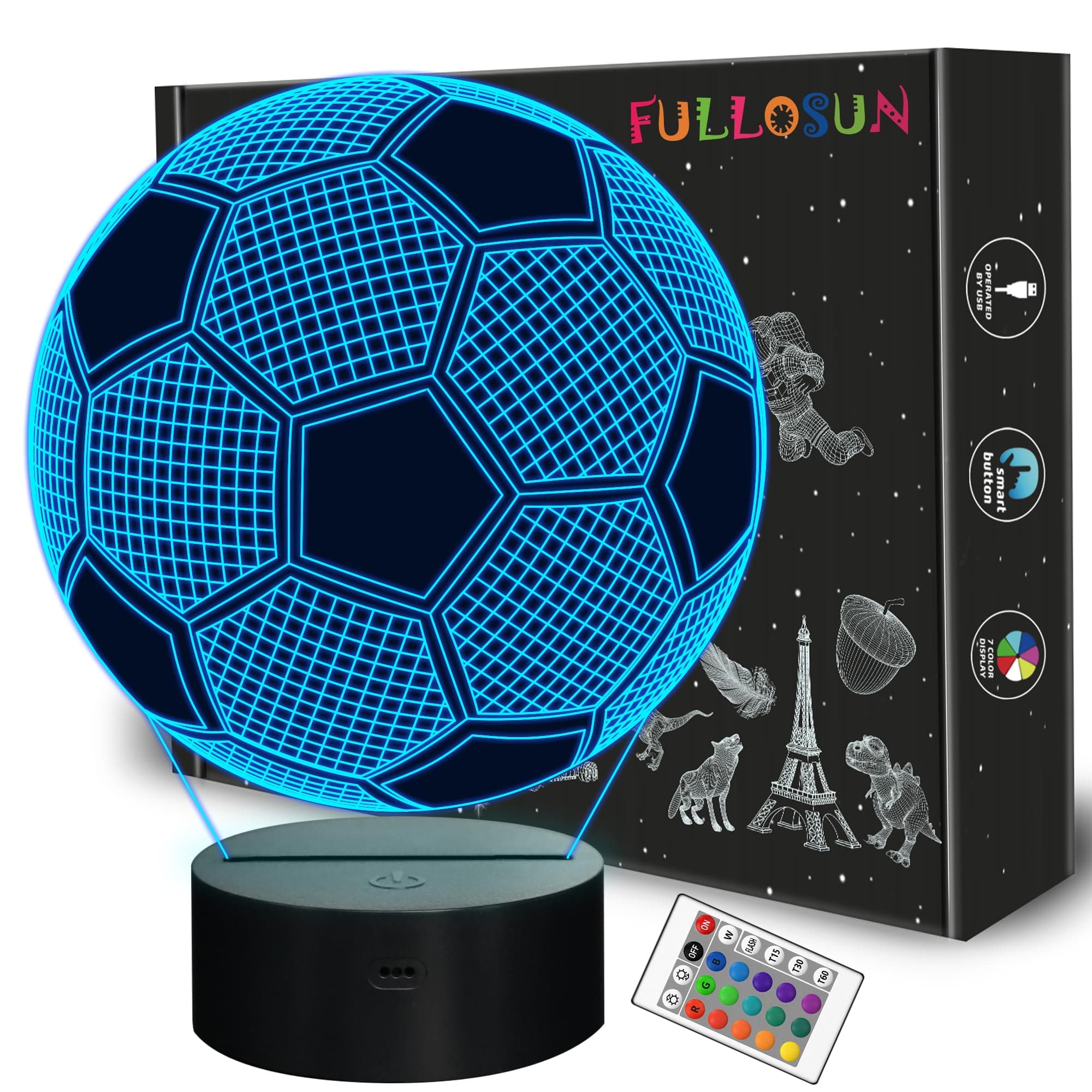 FULLOSUN (Football) - Kids Night Light Football 3D Optical Illusion Lamp with Remote Control 16 Colours Changing Soccer Birthday Xmas Valentine's Day Gift Idea for Sport Fan Boys Girls