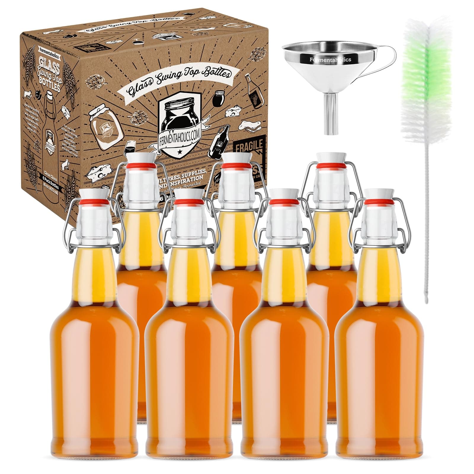Fermentaholics Kombucha Bottling Kit – 7 Glass Bottles, Stainless Steel Funnel & Cleaning Brush – Airtight, High-Pressure Bottles for Kombucha, Water Kefir, Ginger Beer & More