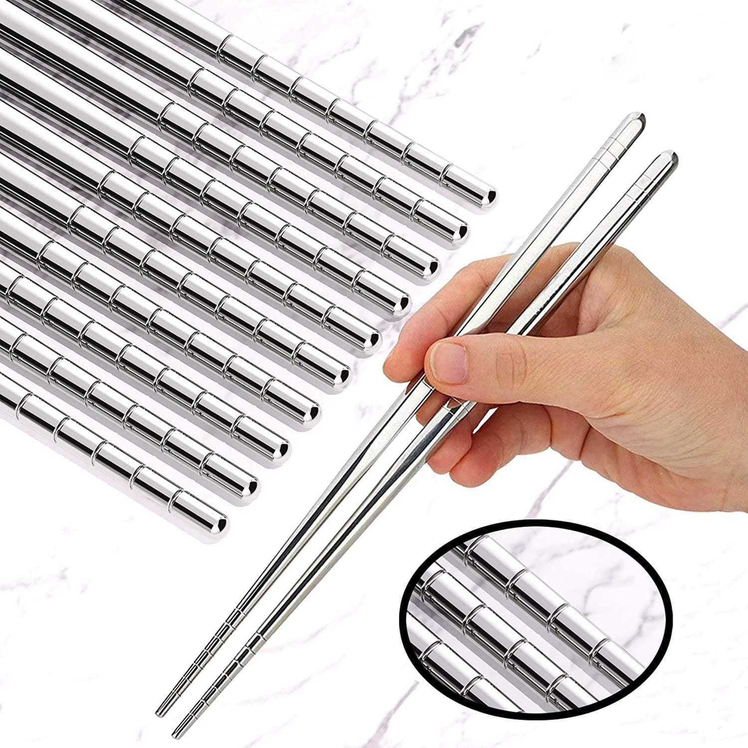 Omia 5 Pairs Premium Reusable Metal Stainless Steel Chopsticks Dishwasher Safe Lightweight Easy to Use Metal Chop Stick Utensils