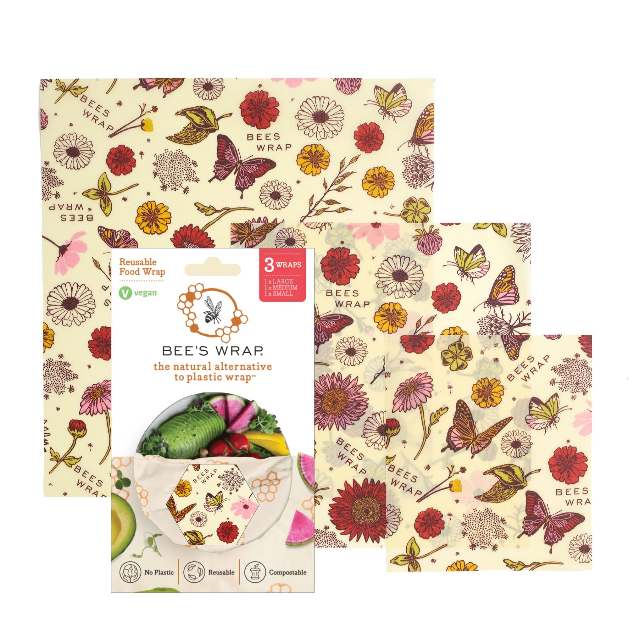 Bee's Wrap Vegan Beeswax Wraps for Food - 3 Pack of Assorted Beeswax Wraps - Small, Medium & Large Wrap - Made in USA Reusable Natural Food Wrap - Meadow Magic Print