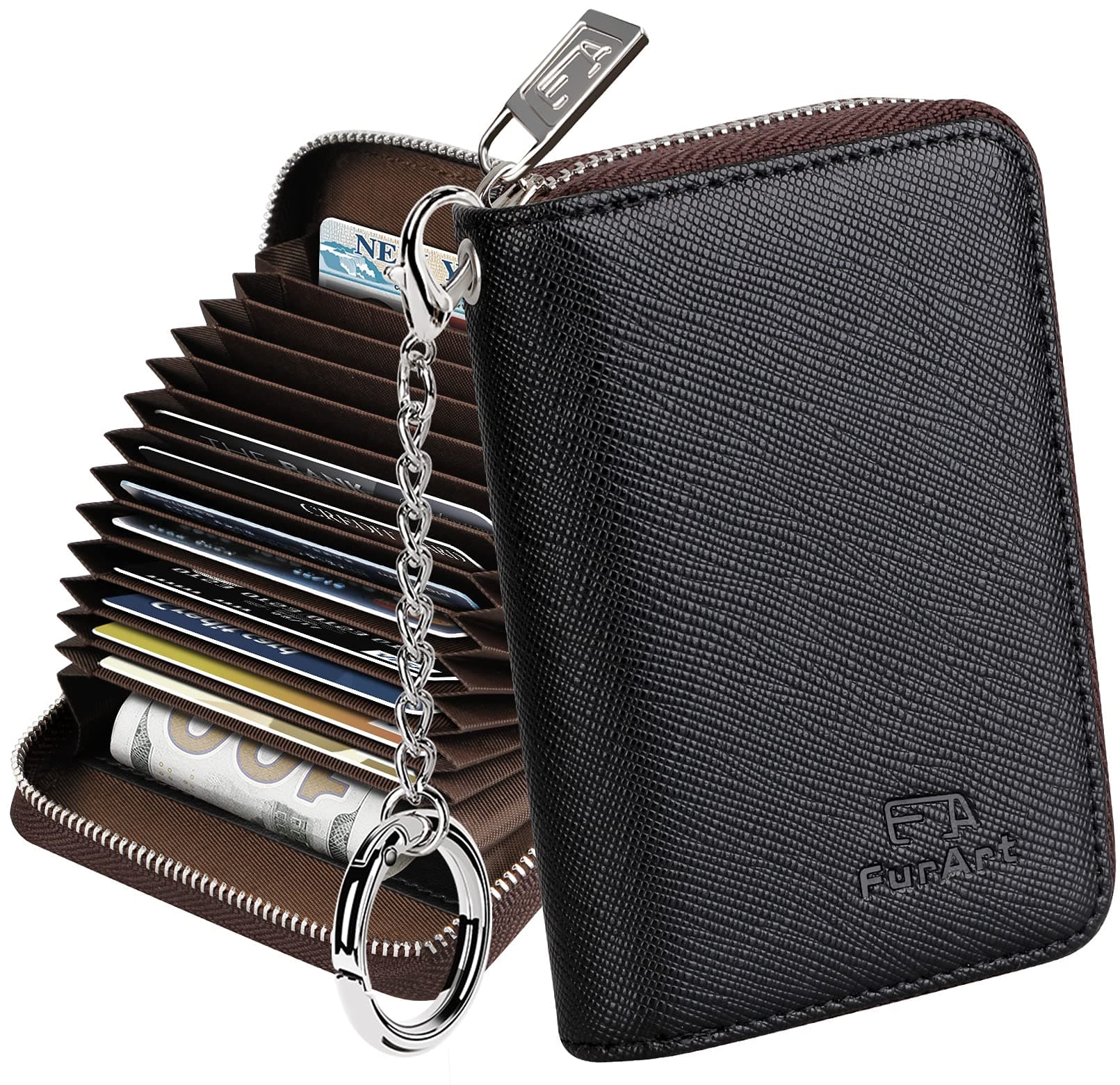 FurArt Credit Card Wallet, Zipper Card Cases Holder for Men Women, RFID Blocking, Key Chain, 15/16 Slots, Compact Size
