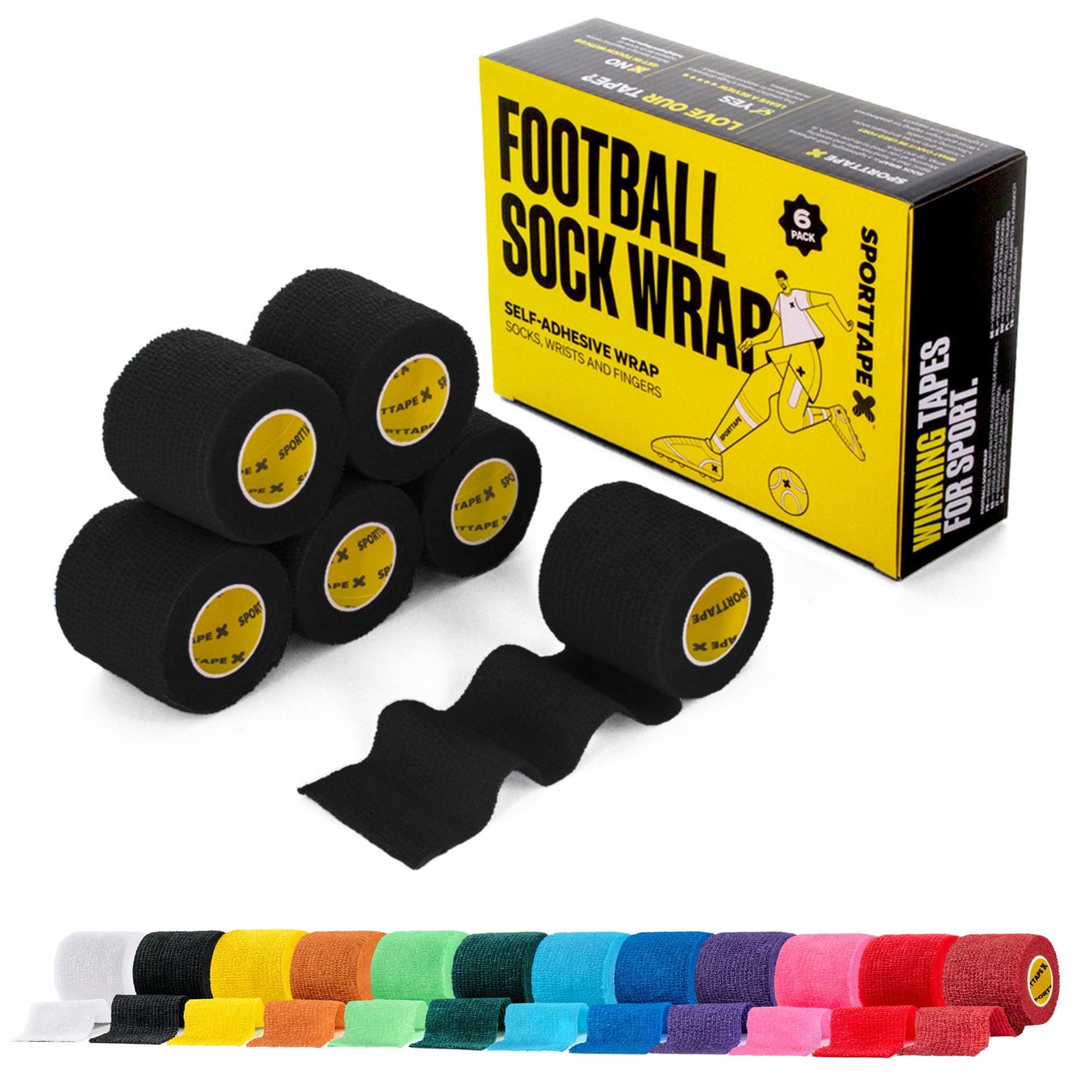 6 Rolls Football Sock Tape, 5cm x 4.5m, Black - Self-Adhesive Cohesive Bandage, Compression Wrap & Sports Stretch Tape for Ankles, Joints, Socks, Vet, Pet Wrap for Dogs and Horses