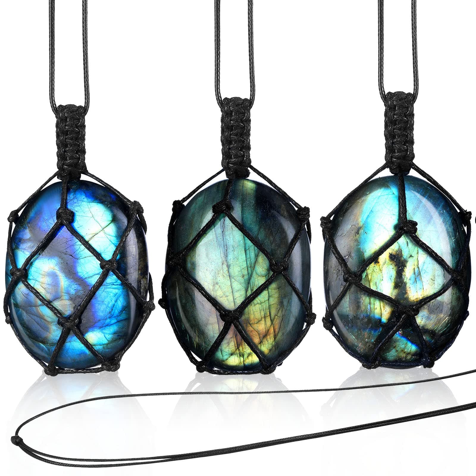 Kingdder Natural Labradorite Pendant Necklace, Hand-woven Rope Healing Crystal Stone Holder Necklace with Adjustable Length for Women Men