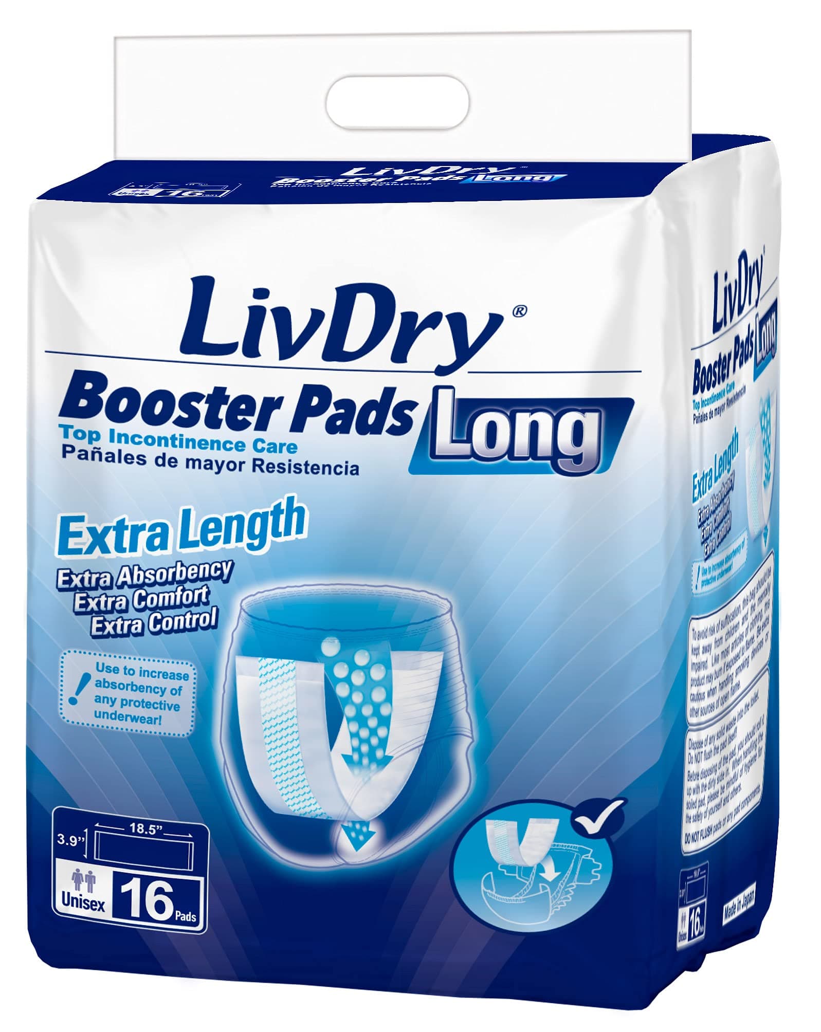 LivDry Incontinence Booster Pads, Use with Adult Diapers for Women and Men, Extra Comfort Softness, Disposable Pad (16 Count, Long Length)