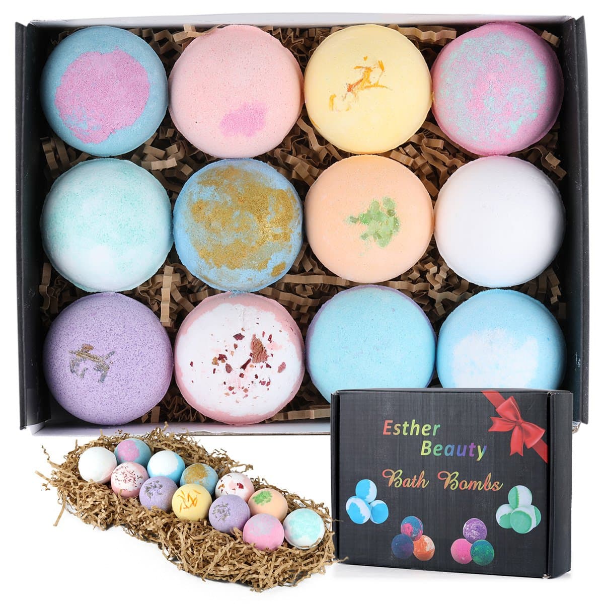 Esther Beauty Bath Bombs Gift Set Natural Essential Oils Soothing&Moist Skin/Relieve Dry Skin 12×2.5oz Perfect for Bubble & Spa Bath,Best Gift Ideas for Kid, Girlfriends, Women, Mom (12 Ball)