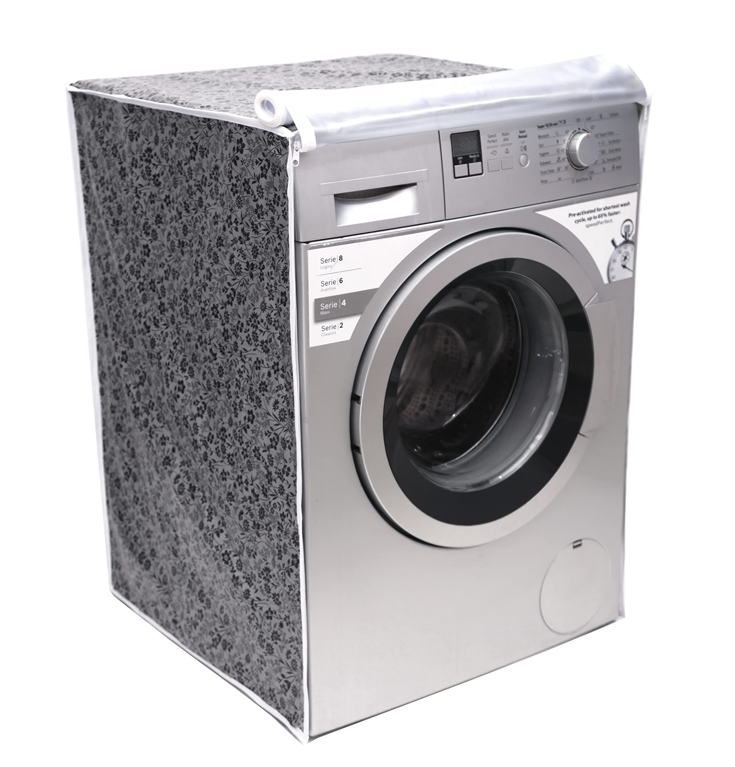 Fabric Front Load Washing Machine Cover Suitable for LG & Samsung 8.5 Kg, 9 Kg, 9.5Kg, 10 Kg, 10.5 Kg, 11 Kg, 11.5 Kg 12 Kg (72Cmsx63Cmsx81Cms) Grey and Black