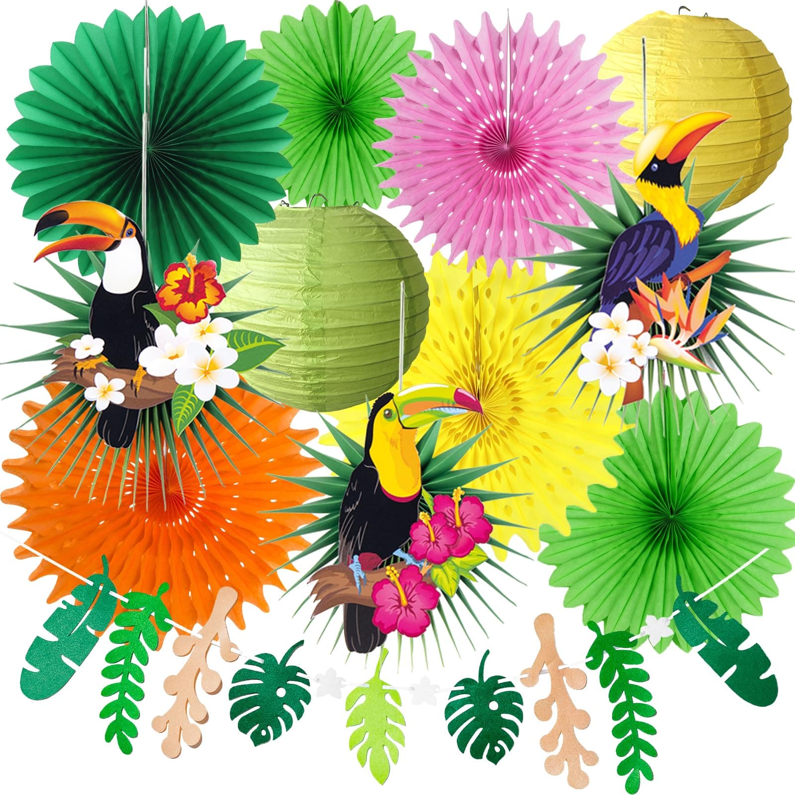 Tropical Bird Toucan Leaf Garland Party Kit for Summer Hawaiian Luau Tiki Tropical Jungle Themed Party Decorations Luau Party Supplies Decor with Palm Leaves Paper Fan Paper Lanterns
