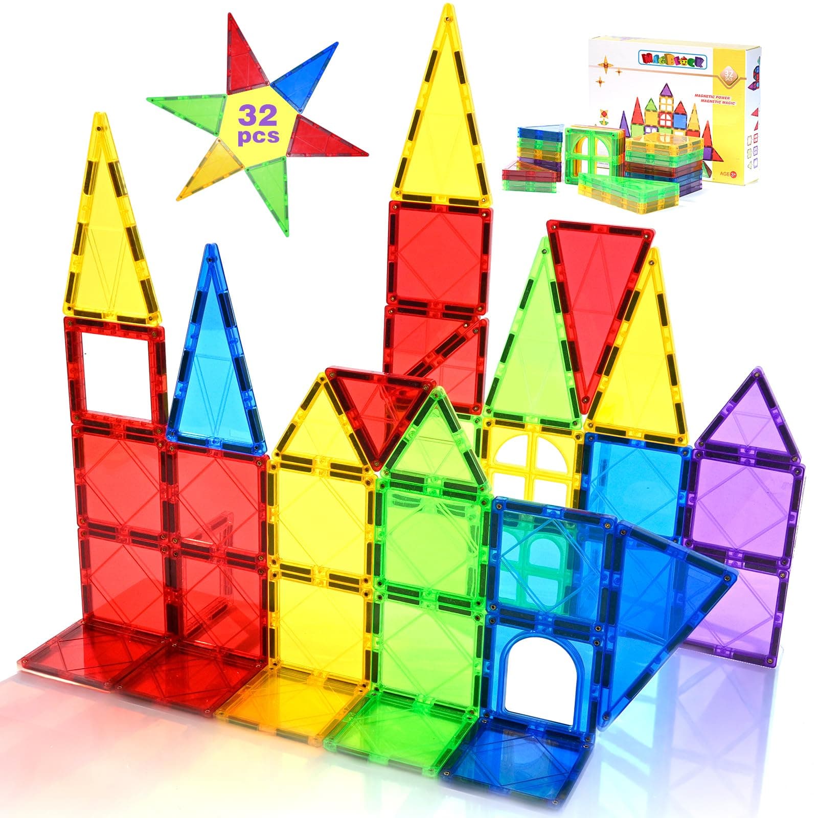 Magnetic Blocks - Magnetic Tiles for Kids - 3D Magnetic Building Blocks for Toddlers Building Blocks with Clear Color Educational Toys Set 32 Pieces