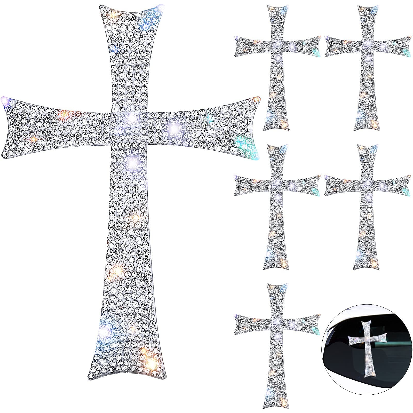 6 Pieces Silver Bling Cross Car Decals Waterproof Rhinestone Stickers with Self-Adhesive Backing for Decor, Bumper Window Laptops Luggage Car Interior Exterior Window Motorcycle Helmet