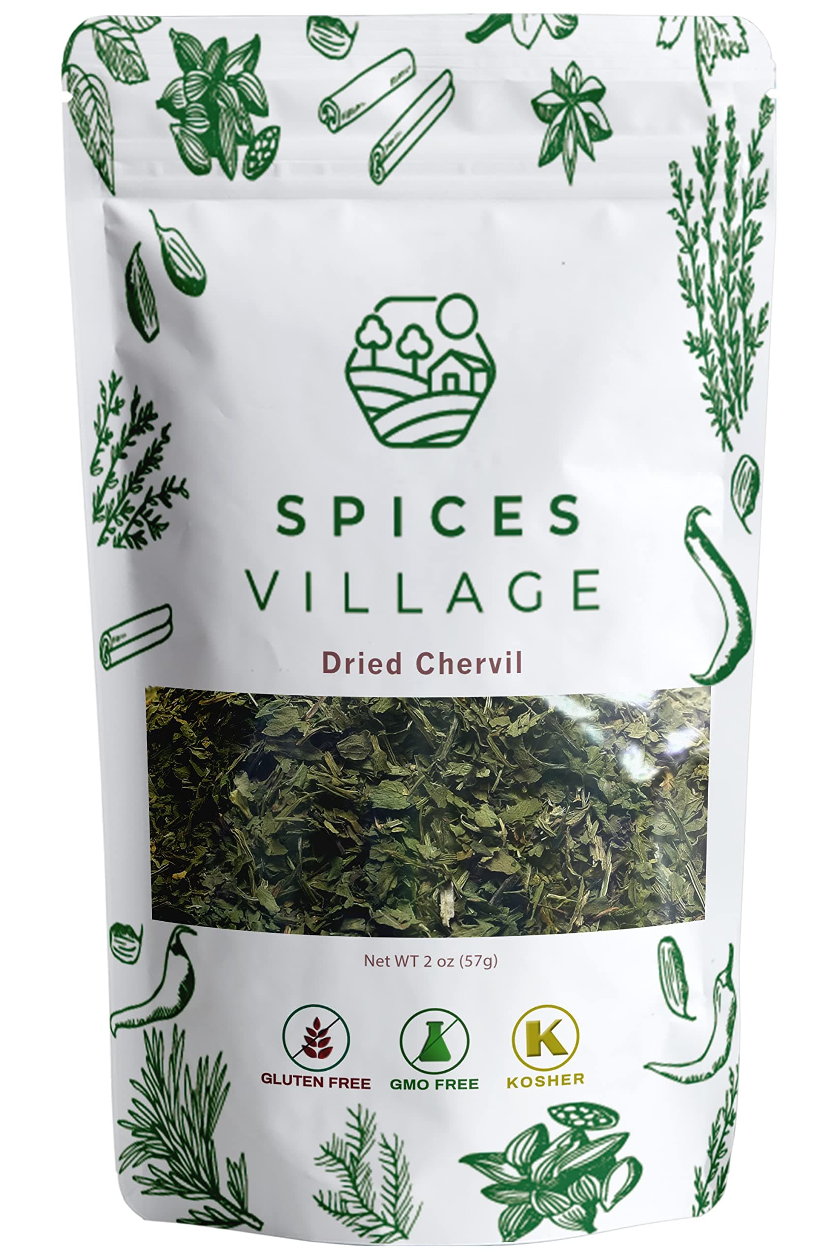 Spices VillageDried Chervil [ 2 oz ] - French Parsley, Fresh Dried Chervil Herb, Sweet Cicily - Kosher, Gluten Free, Vegan, Non GMO, Resealable Bulk Bag
