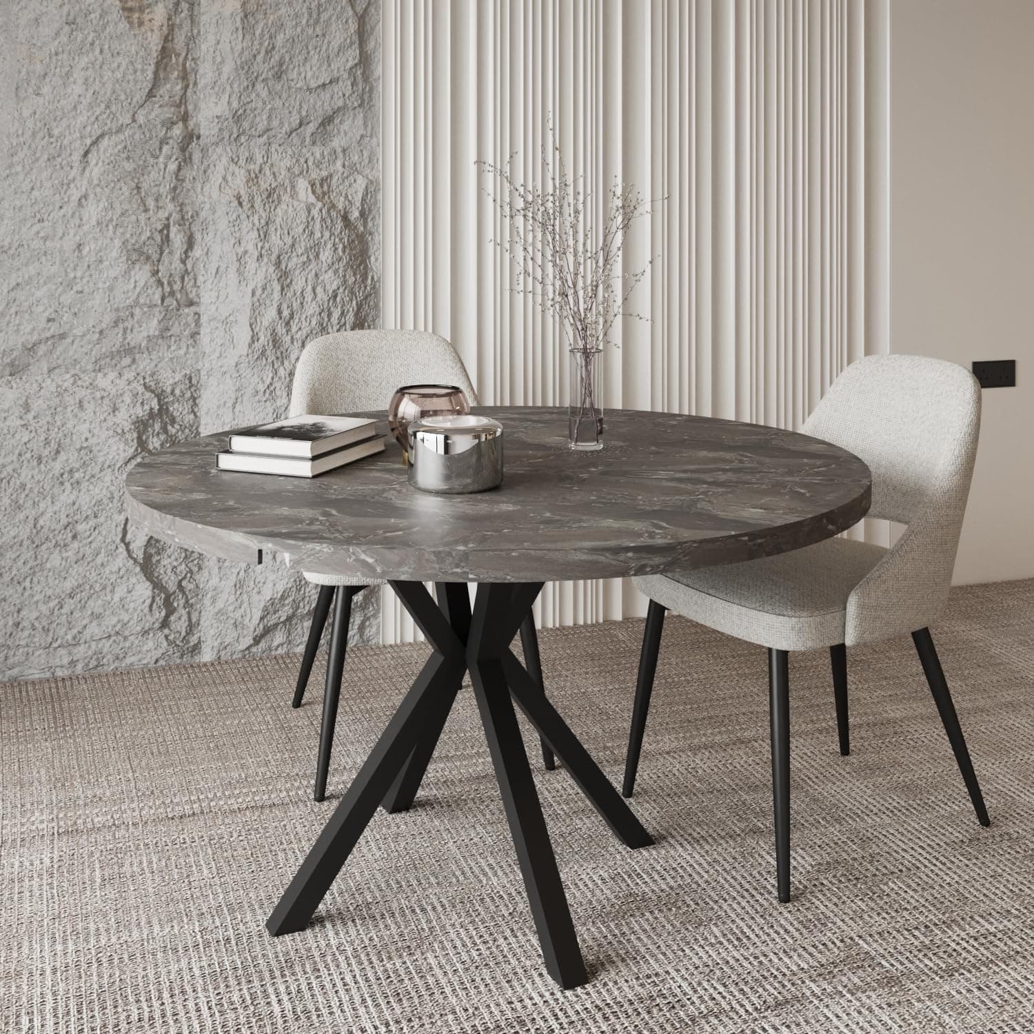 BERA DESIGN SMART FURNITURES Pegasus Round Extendable Dining Table Up to 6 (Marble)