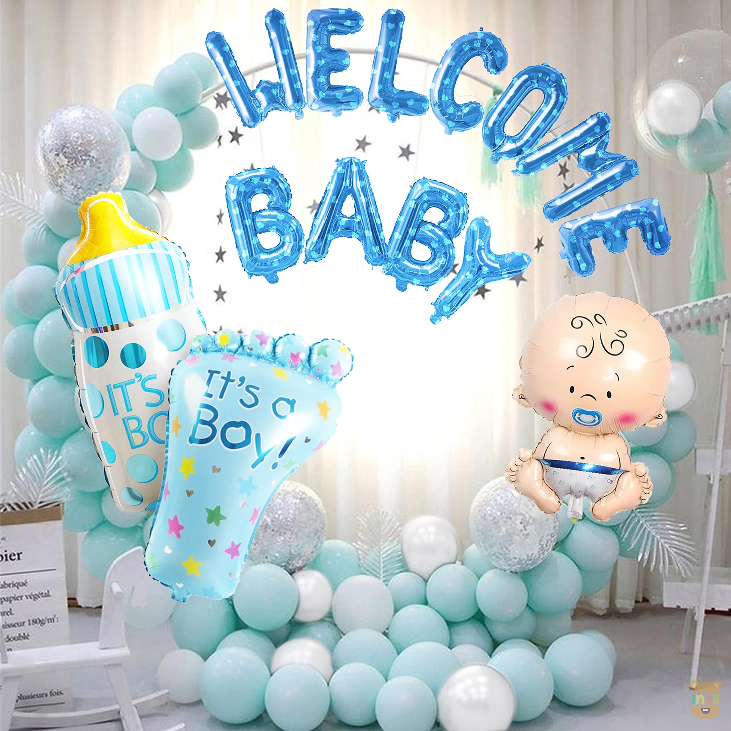 ITAF Baby Boy Welcome Decoration Kit For Home 44Pcs / Foil Baloons Baby Foot Bottle Shape Baloons For Kids Birthday Party New Born Baby Theme Decoration Kit, Blue