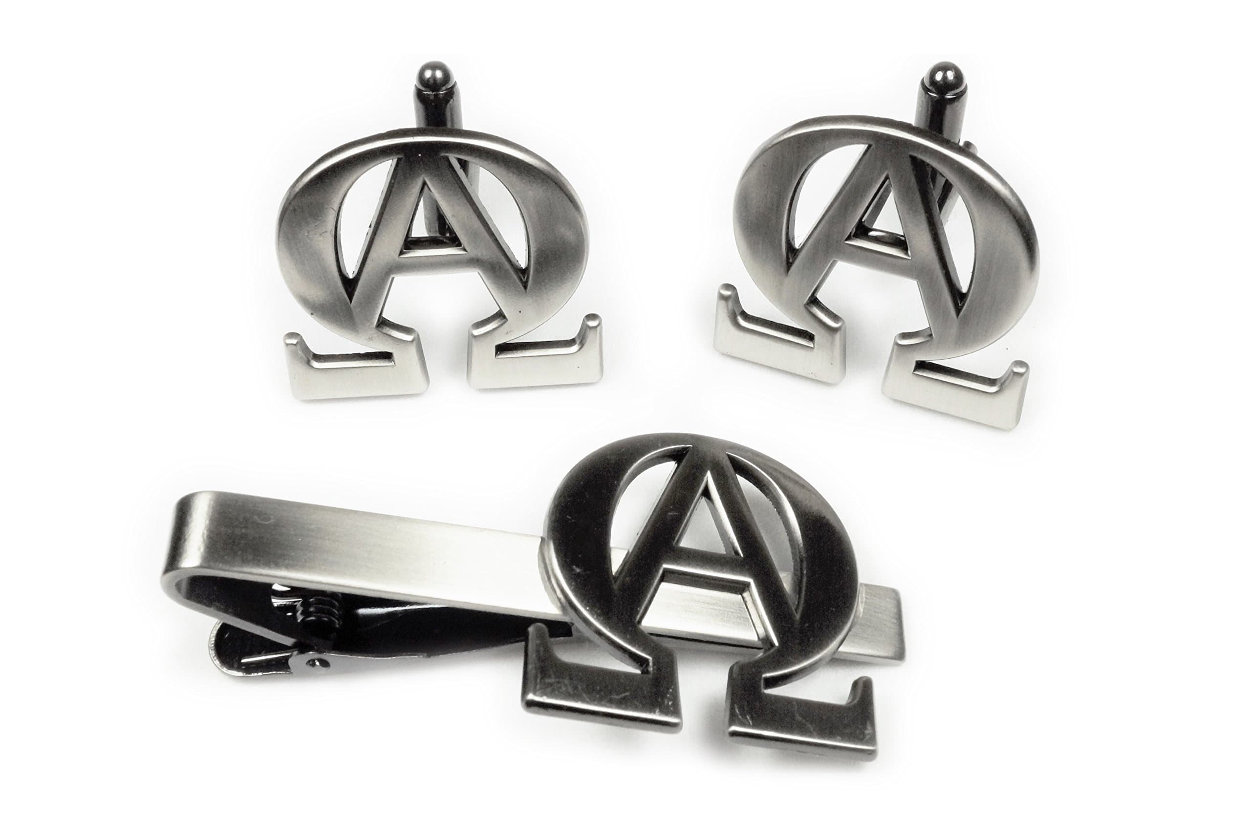Alpha Omega Christian Biker Motorcycle TIE BAR Clip Cufflinks Set