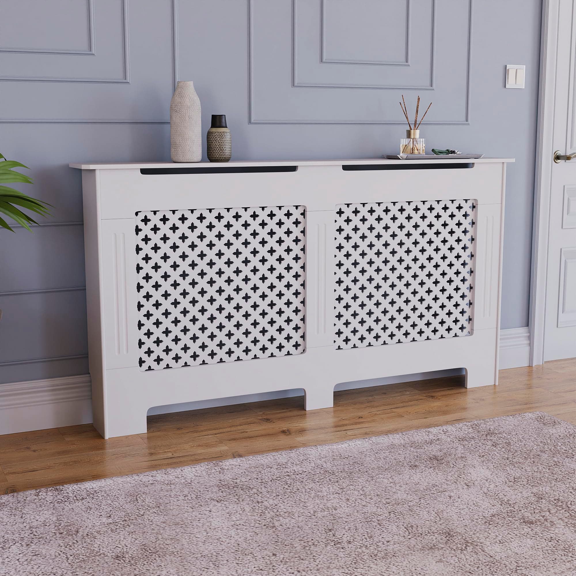 Vida Designs Oxford Radiator Cover White - Large - Traditional Cross Pattern Design for Optimal Heat Circulation - H82xW152xD19cm - Painted MDF Cabinet Ideal For Living Room & Hallway