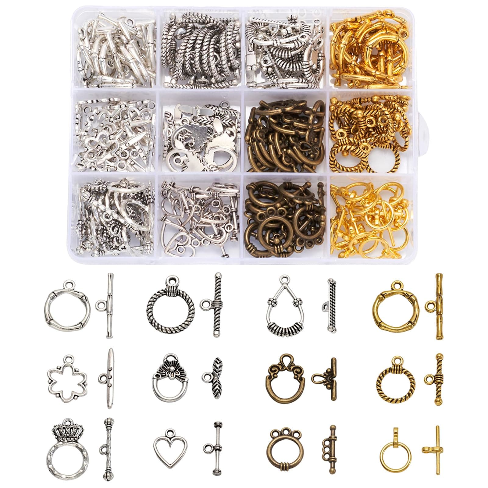 Beadthoven 120 Set 12 Style Tibetan Jewelry Toggle Clasps T-Bar Closure Clasps Fastener Hook Toggle Connectors for Necklace Bracelet Jewelry Making Findings Antique Silver Bronze Gold