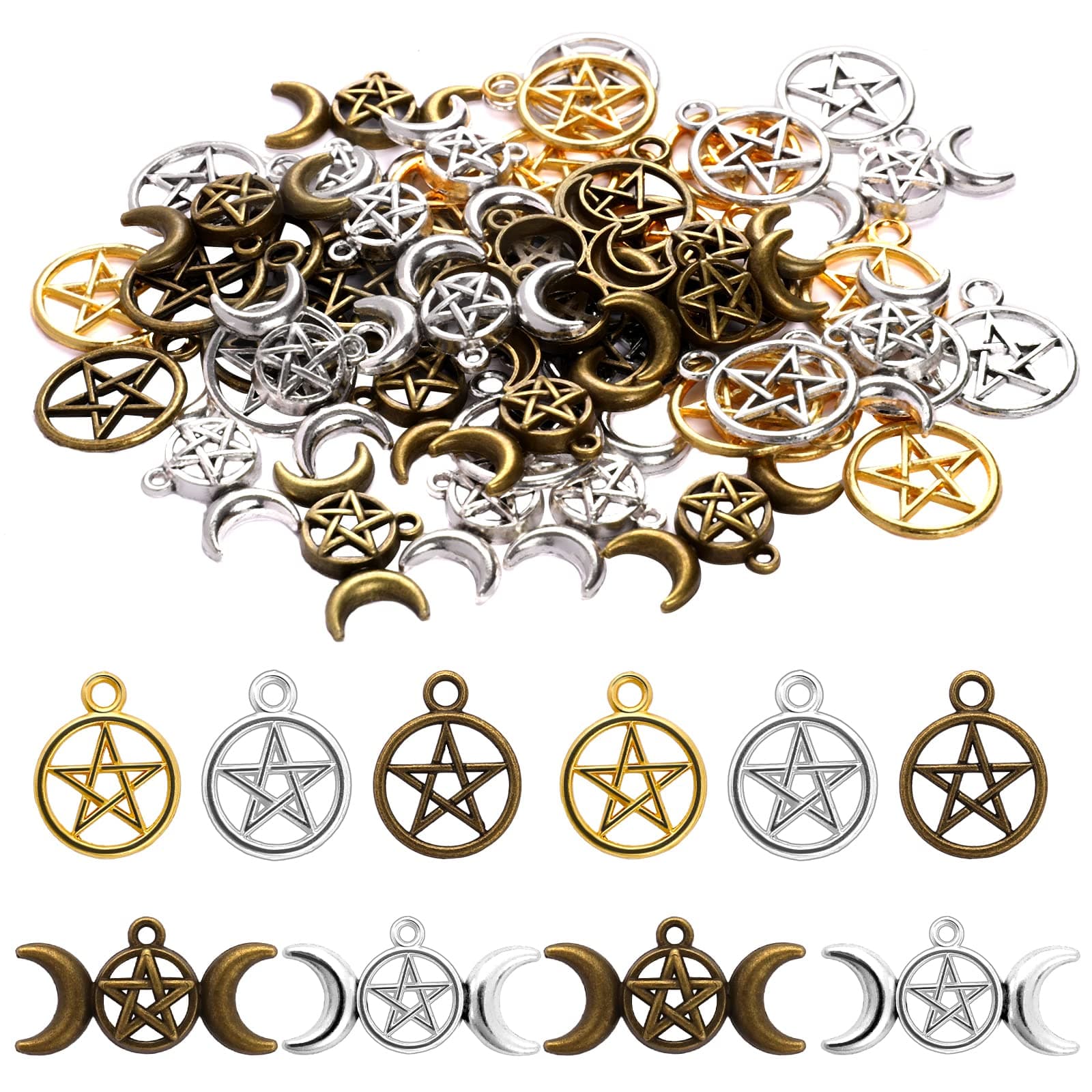 Sliverdew Alloy Pentagram Moon Charms 50PCS - Pentacle Star Pendant Lucky Witch Celestial Mixed Moon Star for DIY Earrings Necklace Bracelet Jewelry Craft Making Accessory