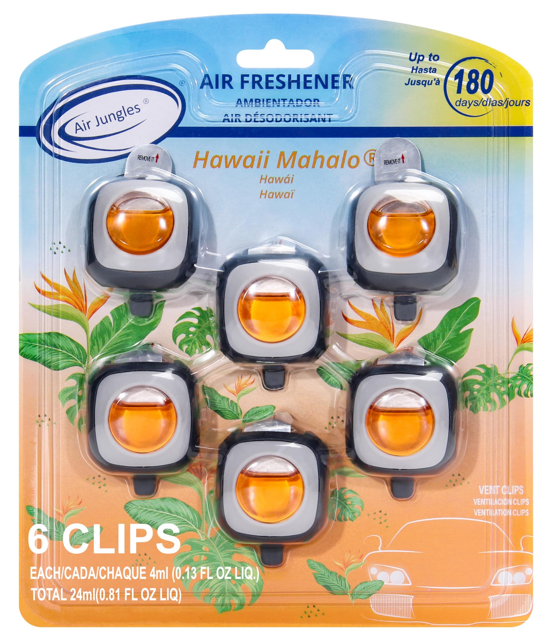 Air Jungles Hawaiian Scent Car Air Freshener Vent Clip, 6 Count Long Lasting Up to 180 days, Natural Essential Oil Car Fragrance for Women and Men, Odor Eliminator - 4ml Each