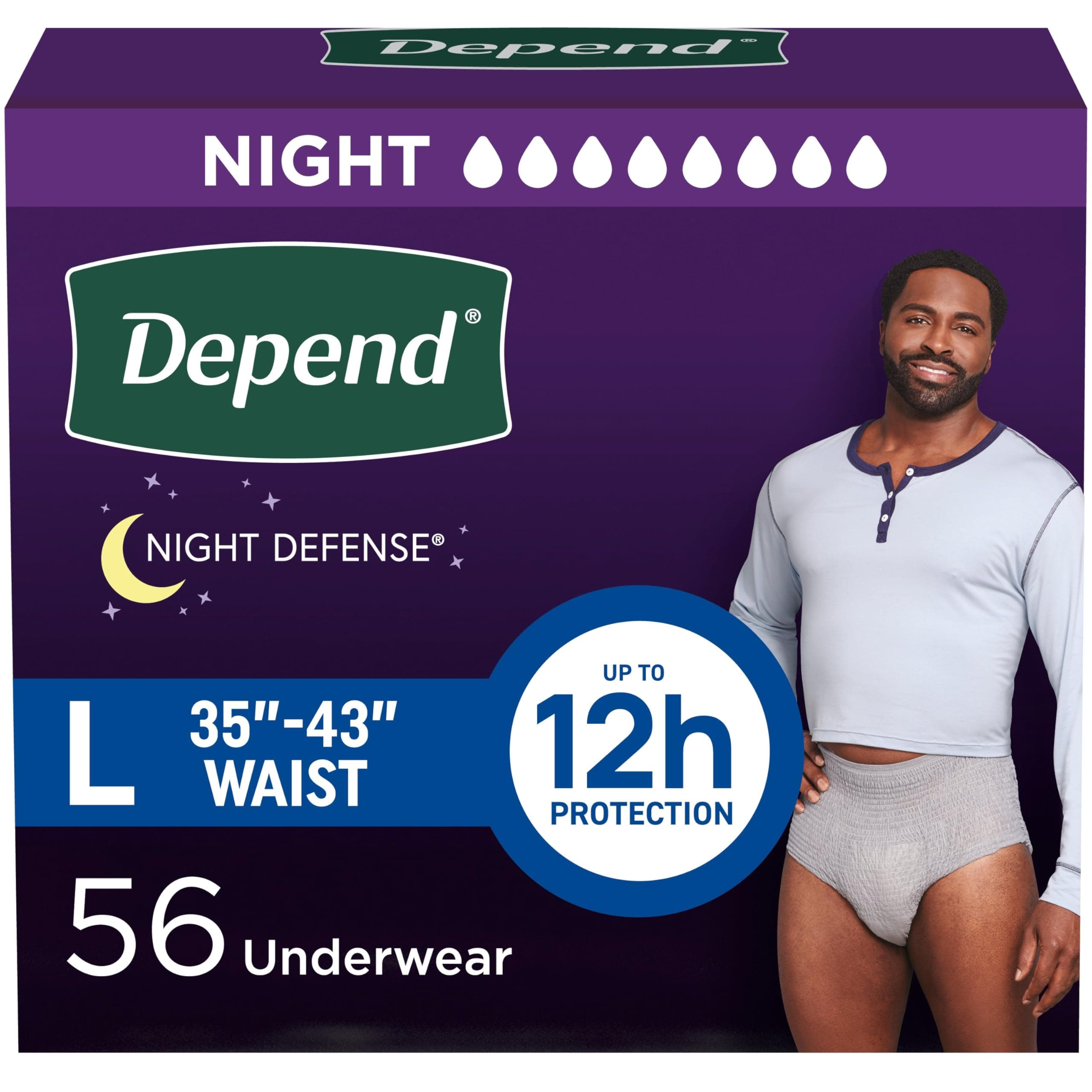 Depend Night Defense Adult Incontinence Underwear for Men, Disposable, Overnight, Large, Grey, 56 Count, Packaging May Vary