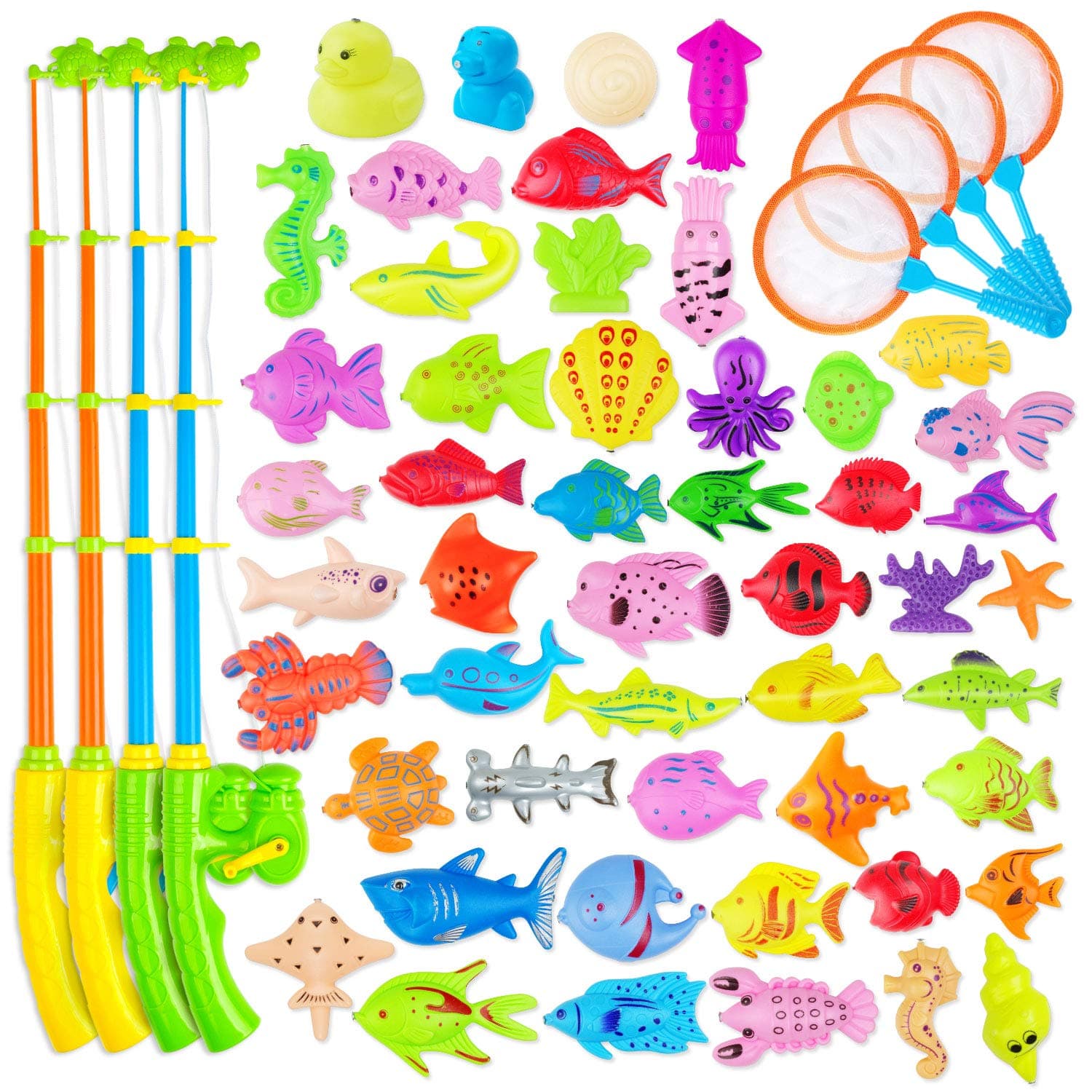 AUUGUU Magnetic Fishing Game Party Favors 58 Pcs - 4 Poles & Reel That Cranks and 4 Nets 50 Floating Fishes for Kids Water Table Bath Tub Pool Floor, Best Birthday Gift for Toddler 3 4 5 Year Old