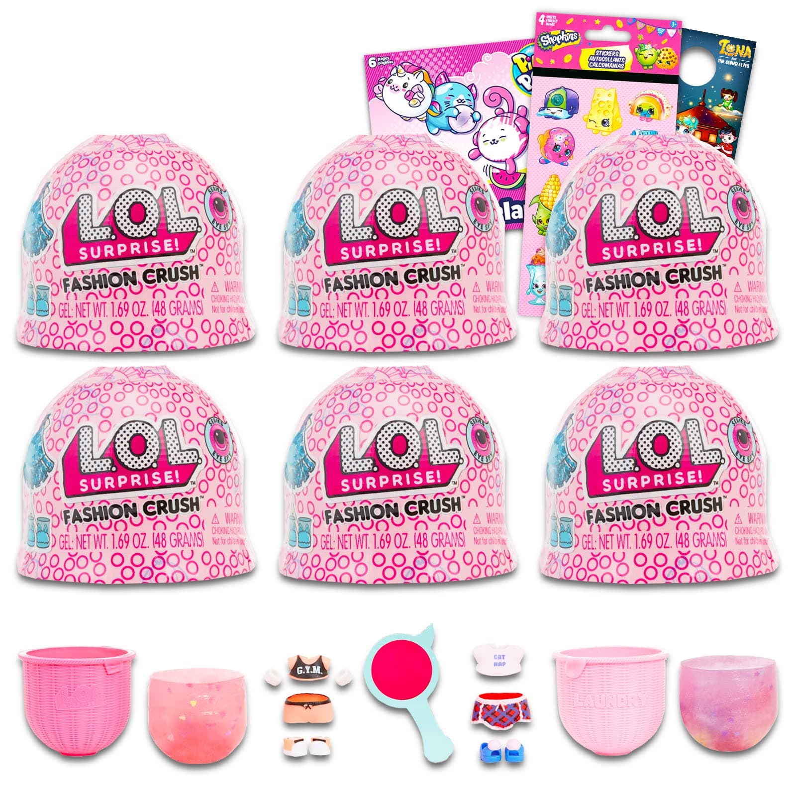 Party Favors Set - Bundle with 6 LOL Doll Fashion Crush Mystery Toys Plus Pikmi Pops Stickers, Shopkins Stickers, and More (LOL Doll Party Supplies)
