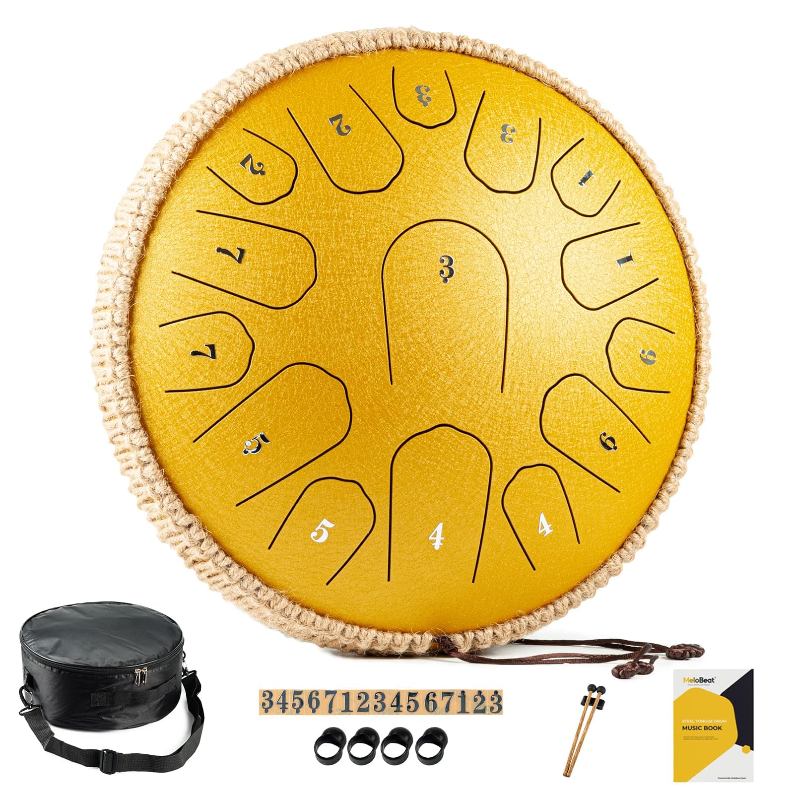 MeloBeat Steel Tongue Drum - 13 Inch 15 Notes Tongue Drum - Hand Pan Drums with Music Book, Handpan Drums Mallets and Carry Bag, D Major (Yellow)
