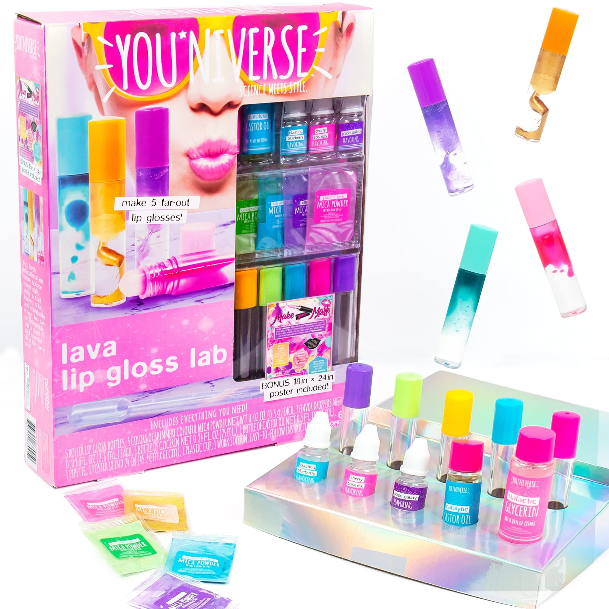 Youniverse Create Your Own Lava Lip Gloss Lab Craft Kit by Horizon Group USA, DIY 5 Lip Glosses, Mix & Create Compounds for Cosmetics, Assorted